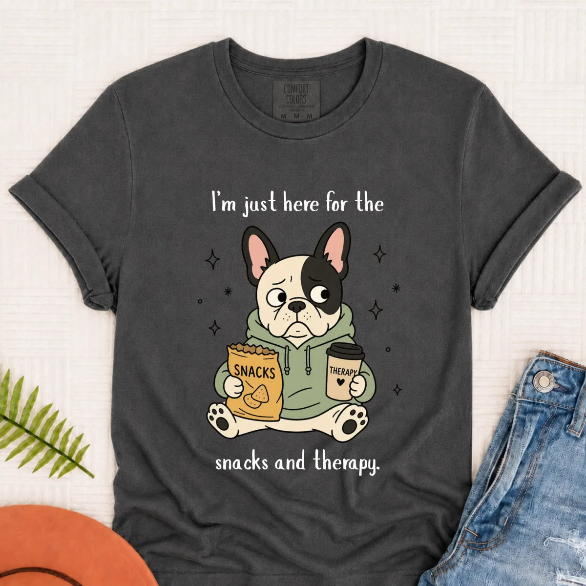Custom Frenchie Snacks and Therapy Unisex TShirt Pepper