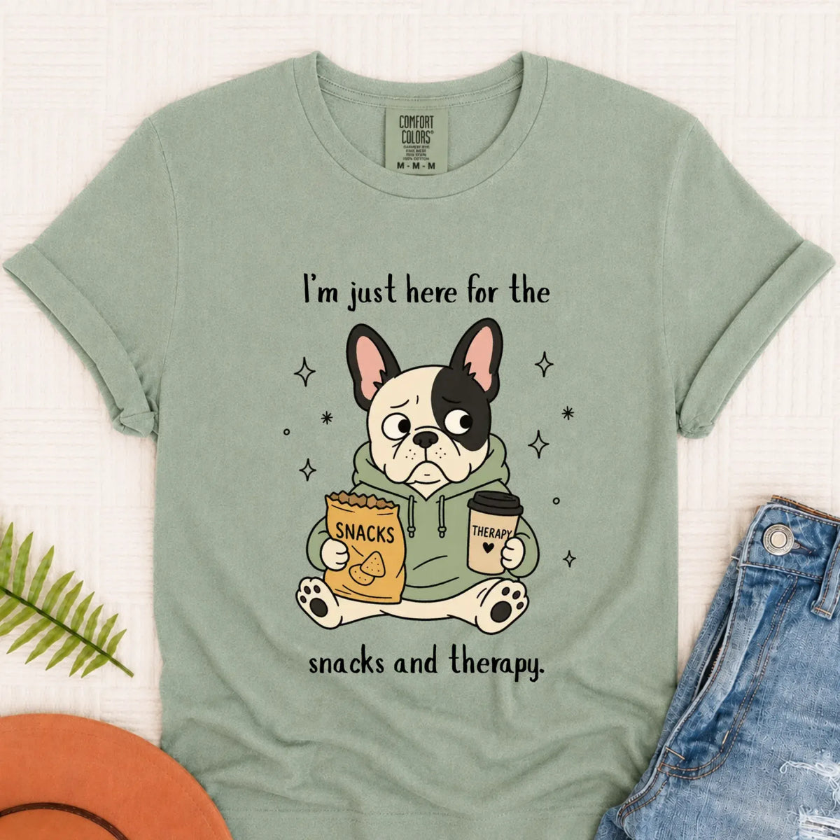 Custom Frenchie Snacks and Therapy Unisex TShirt Bay