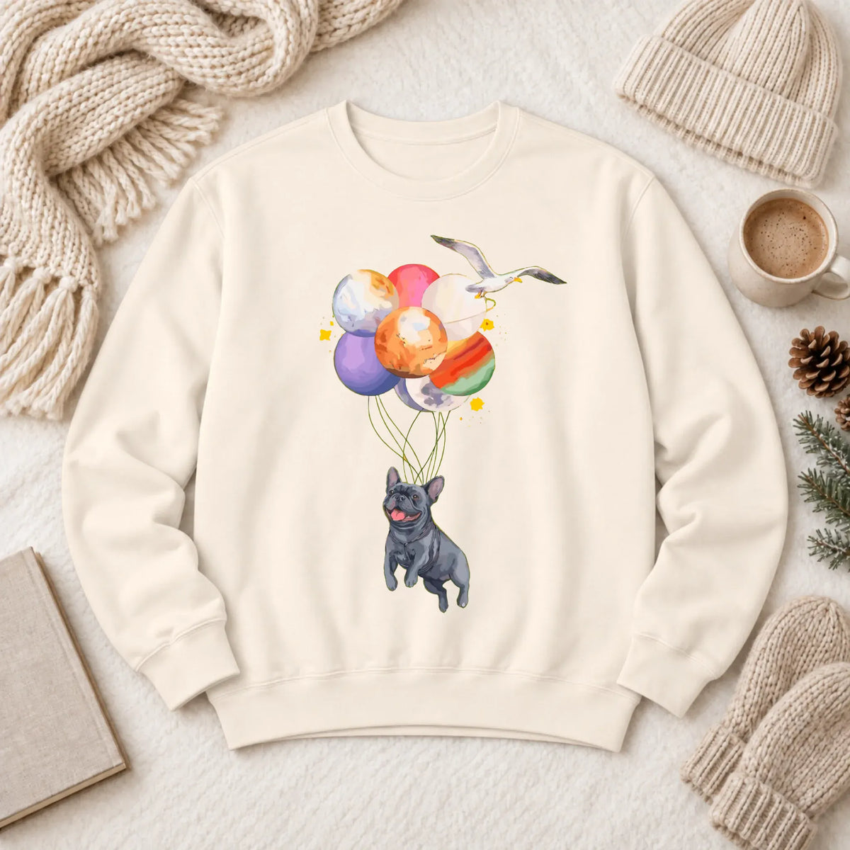 Custom Frenchie Space Balloons Unisex Sweatshirt Ivory