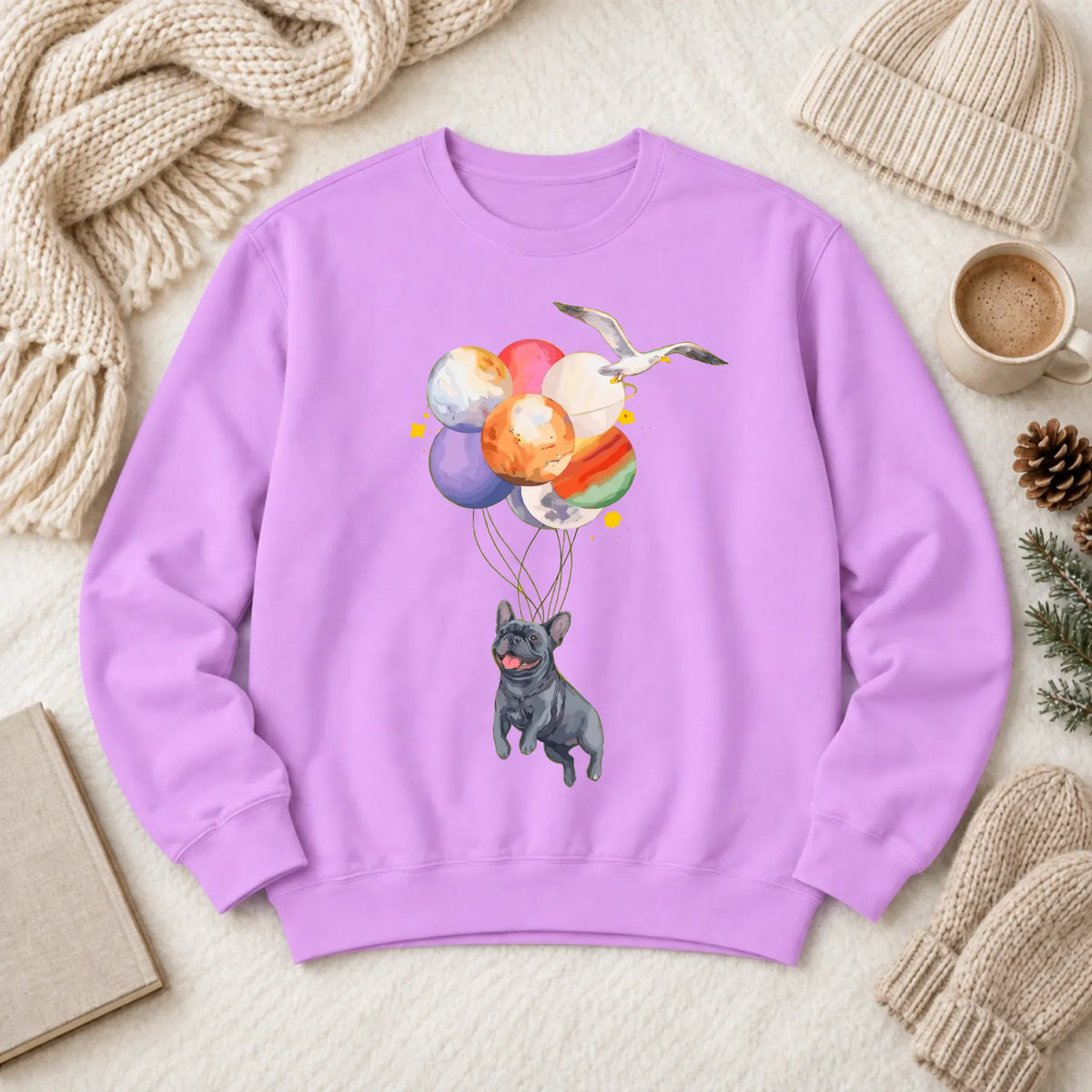 Custom Frenchie Space Balloons Unisex Sweatshirt Neon Violet