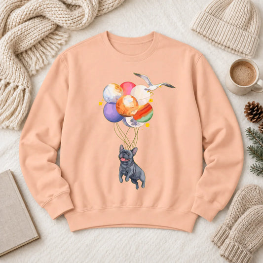 Custom Frenchie Space Balloons Unisex Sweatshirt Peachy