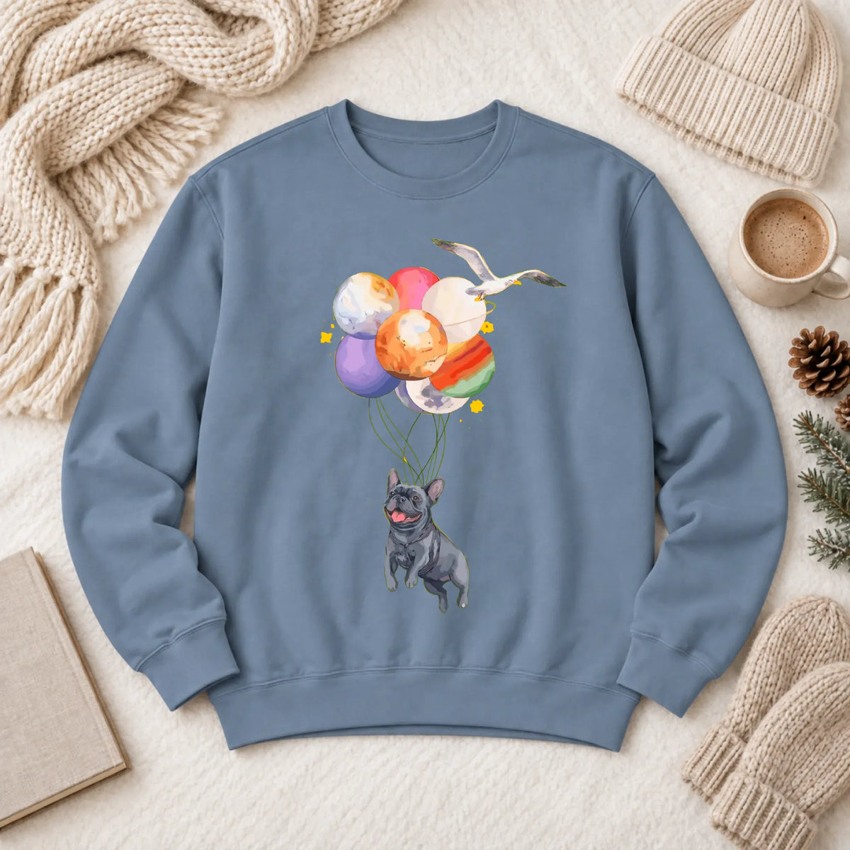 Custom Frenchie Space Balloons Unisex Sweatshirt Blue Jean