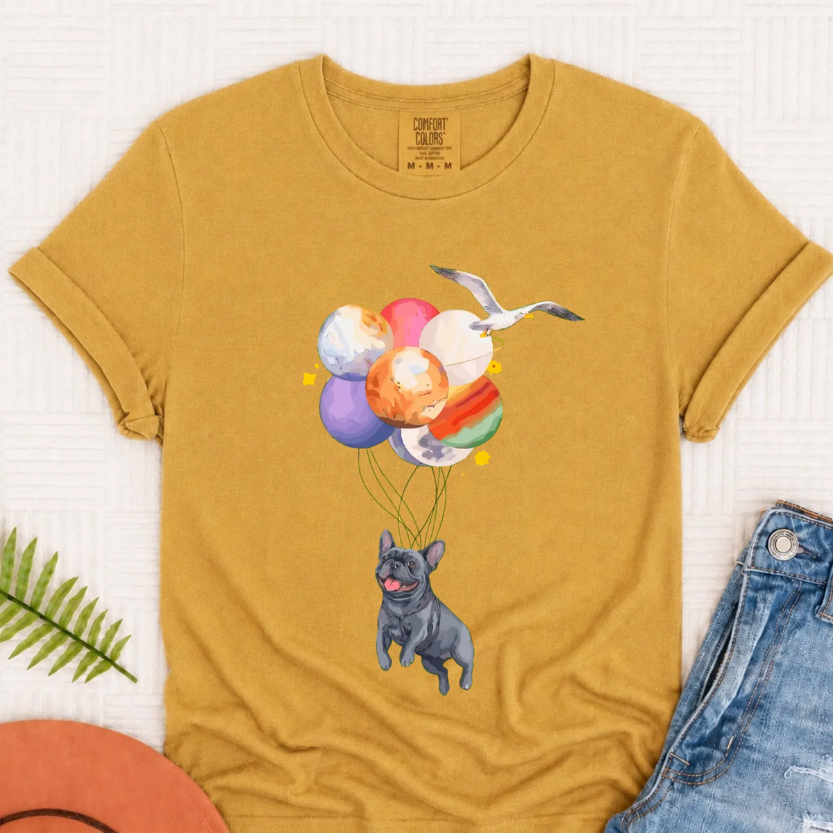 Custom Frenchie Space Balloons Unisex TShirt Mustard