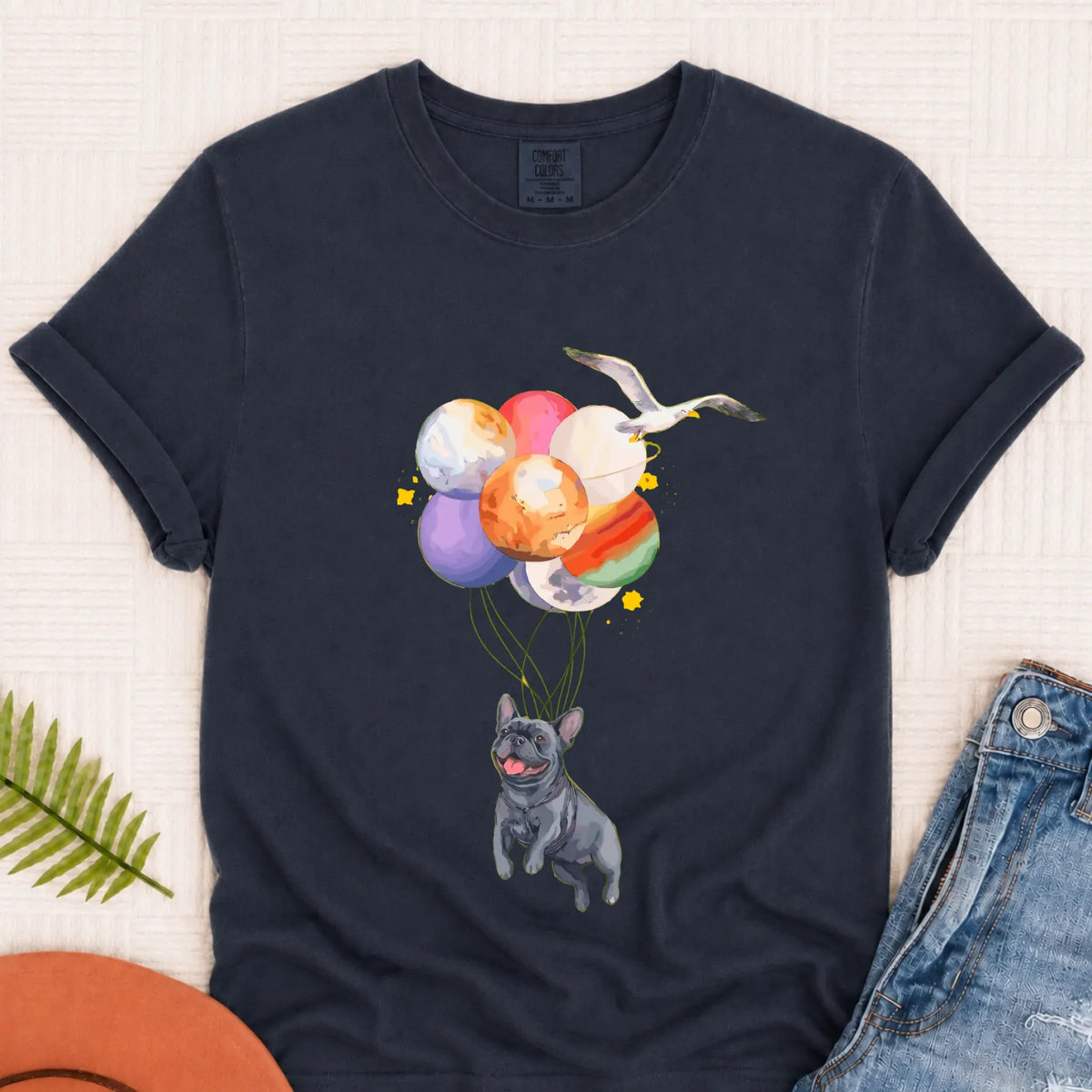 Custom Frenchie Space Balloons Unisex TShirt Navy