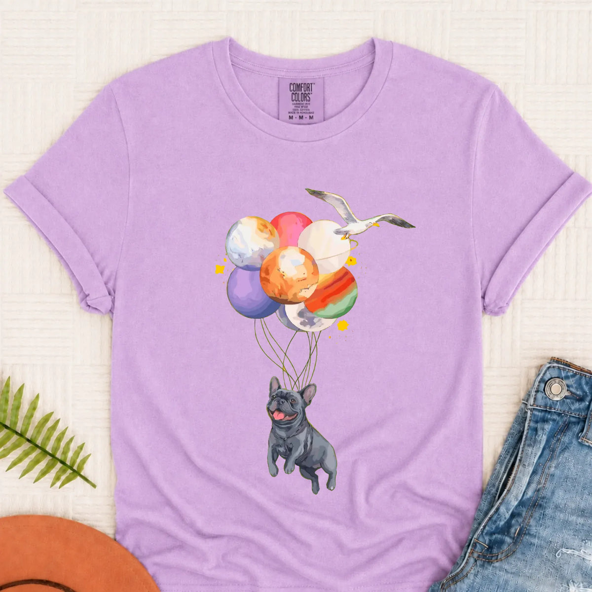Custom Frenchie Space Balloons Unisex TShirt Orchid
