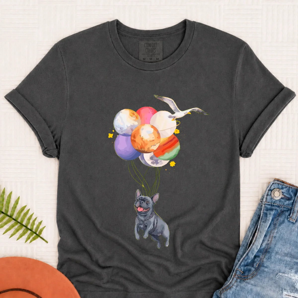 Custom Frenchie Space Balloons Unisex TShirt Pepper