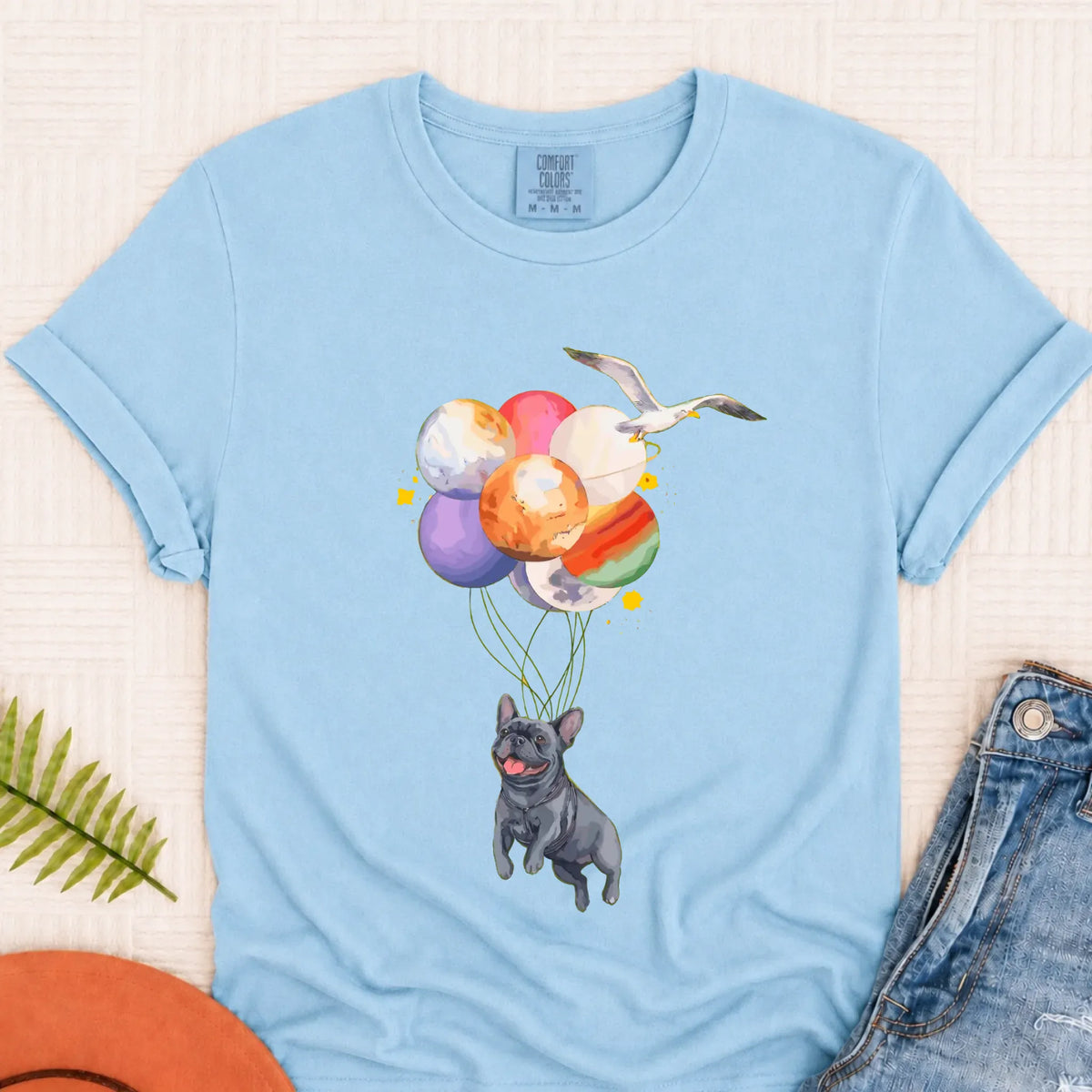 Custom Frenchie Space Balloons Unisex TShirt Chambray