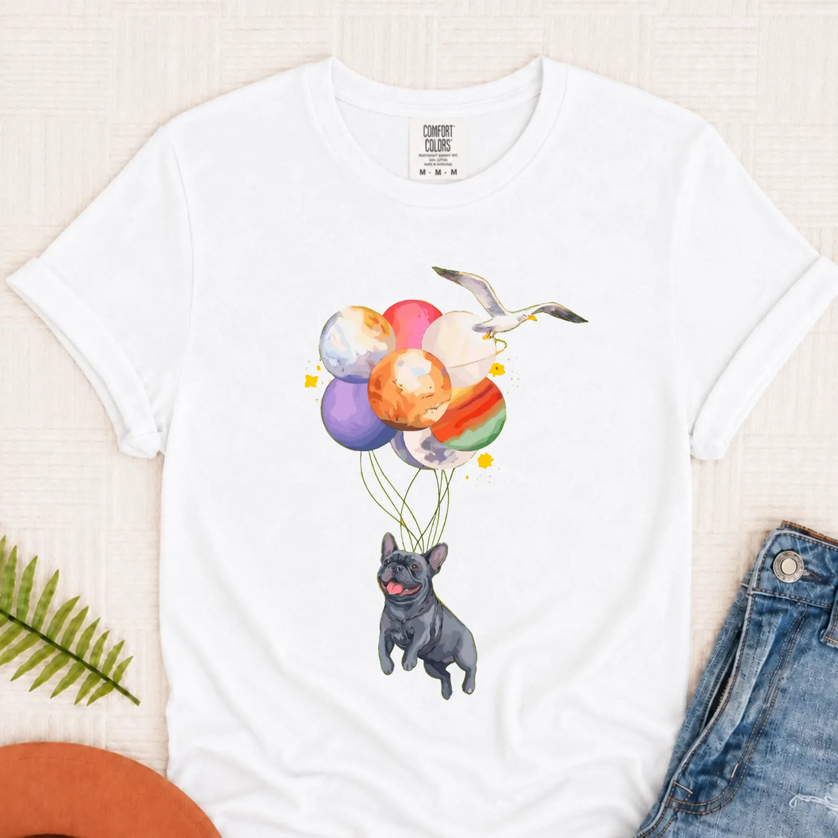 Custom Frenchie Space Balloons Unisex TShirt White