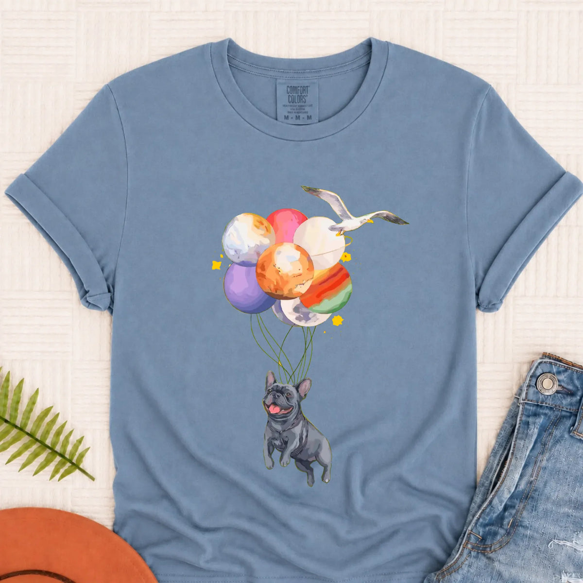 Custom Frenchie Space Balloons Unisex TShirt Blue Jean