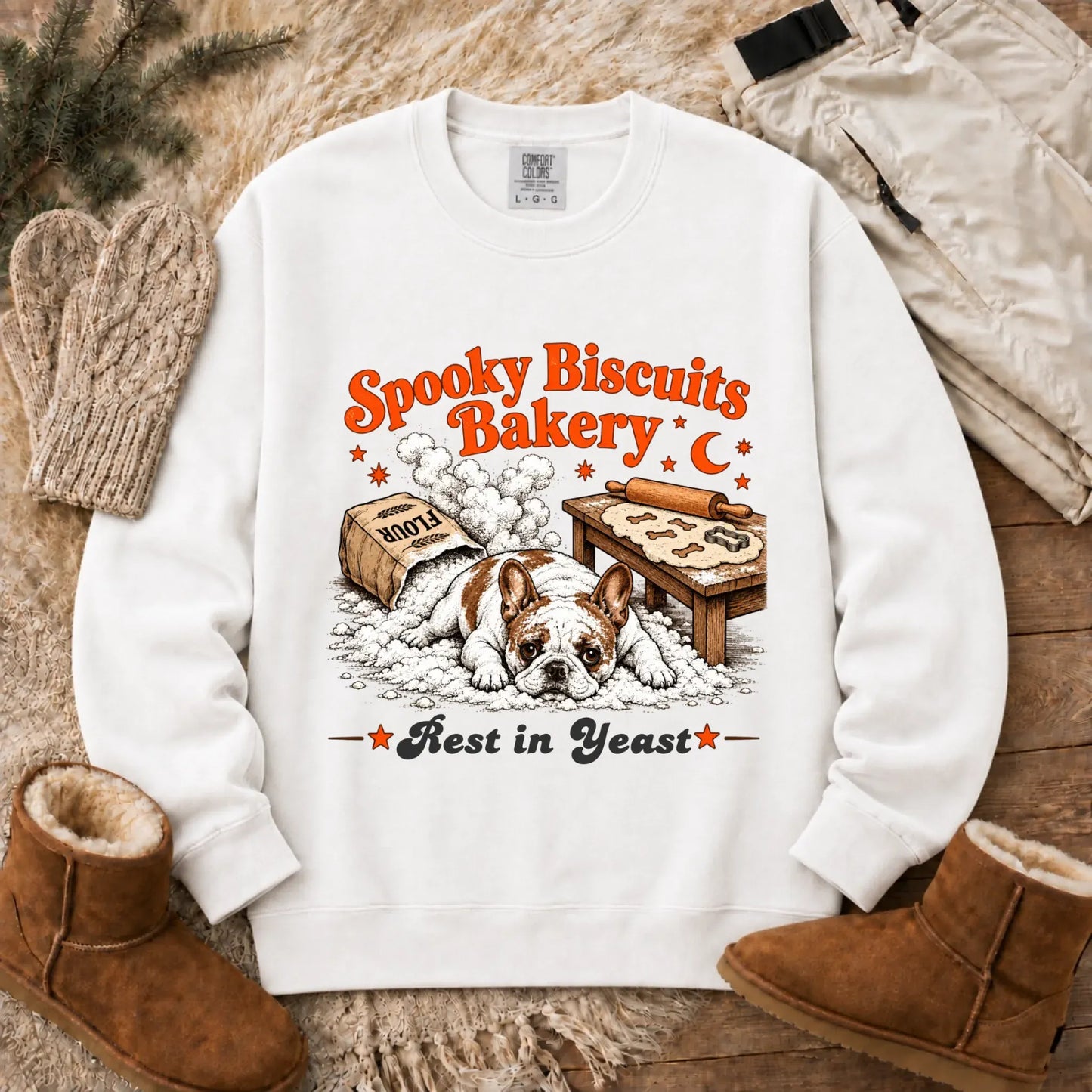 Custom Frenchie Spooky Biscuits Bakery Sweatshirt White