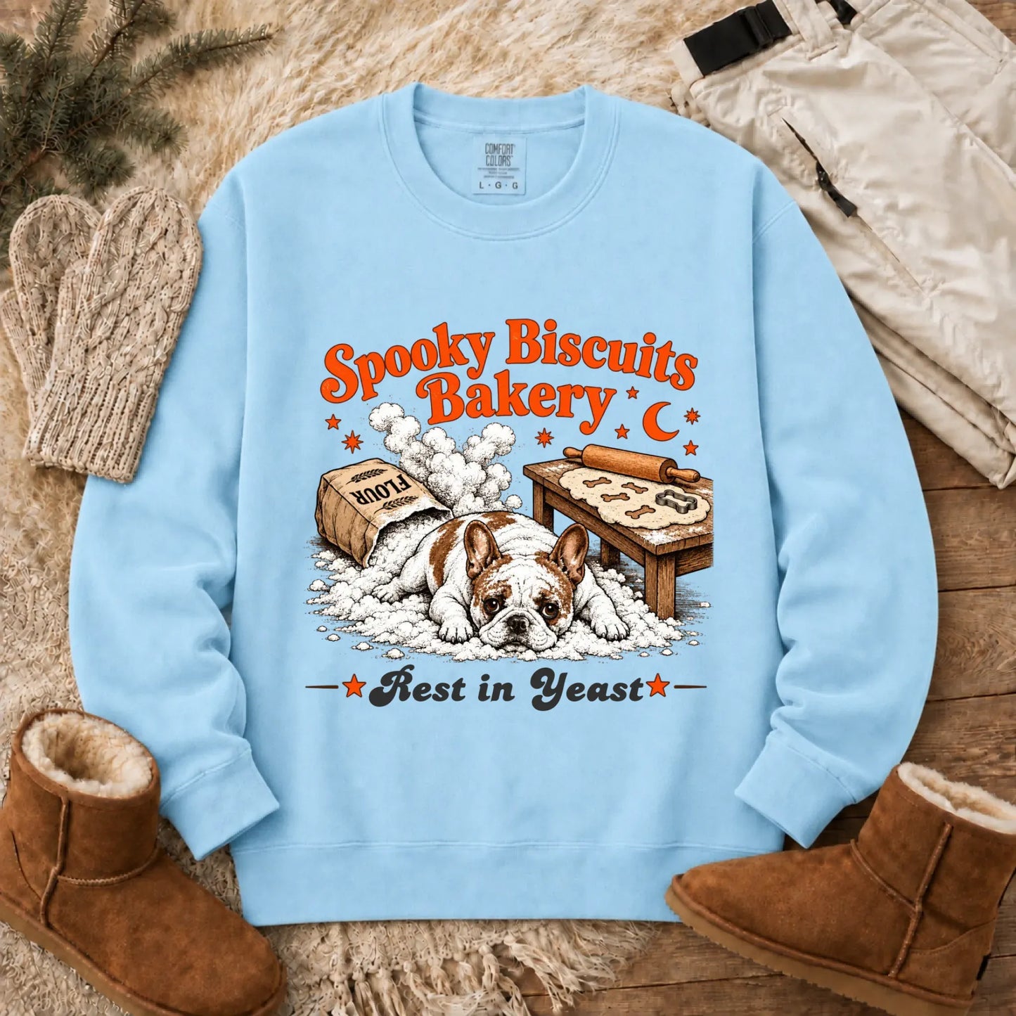 Custom Frenchie Spooky Biscuits Bakery Sweatshirt Chambray