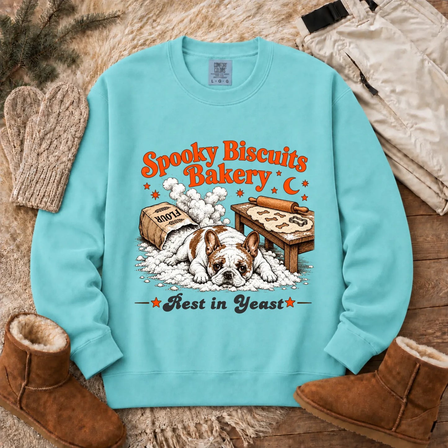 Custom Frenchie Spooky Biscuits Bakery Sweatshirt Chalky Mint