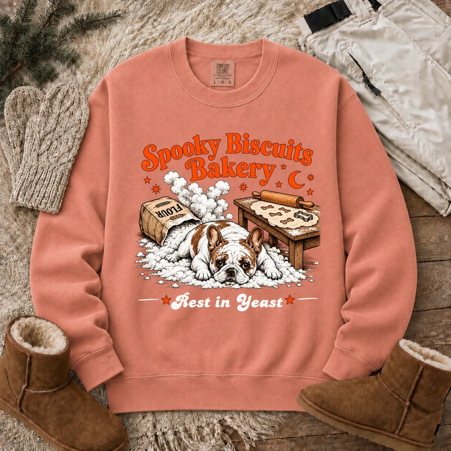 Custom Frenchie Spooky Biscuits Bakery Sweatshirt Terracotta