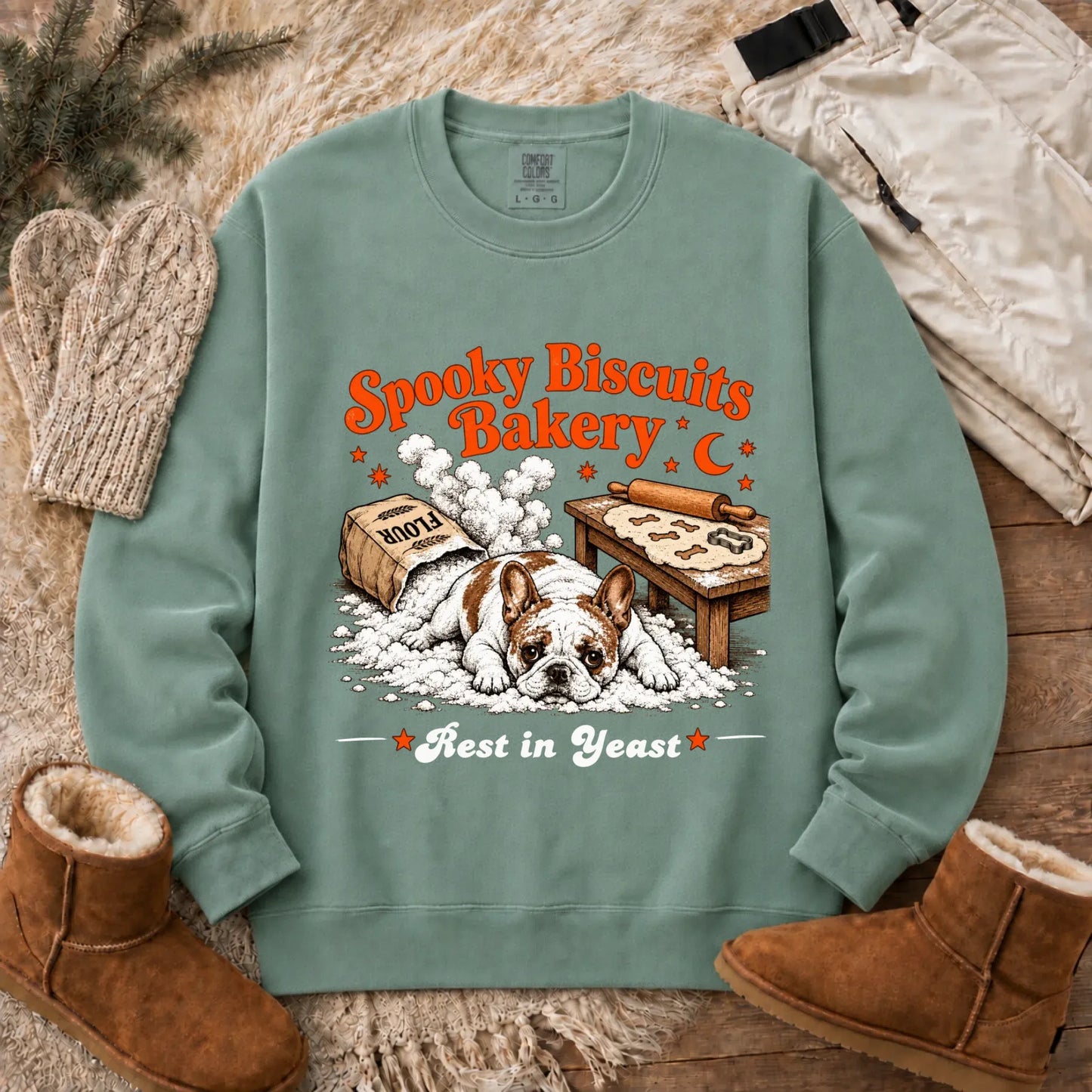 Custom Frenchie Spooky Biscuits Bakery Sweatshirt Light Green