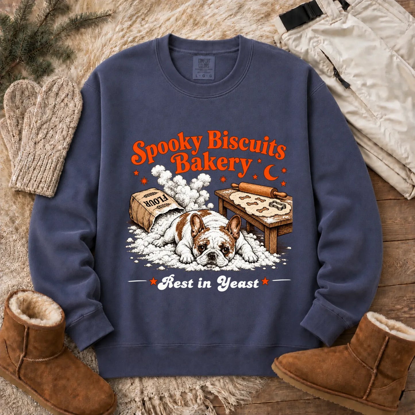Custom Frenchie Spooky Biscuits Bakery Sweatshirt Denim