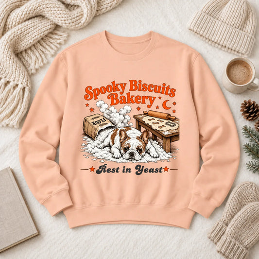 Custom Frenchie Spooky Biscuits Bakery Sweatshirt Peachy
