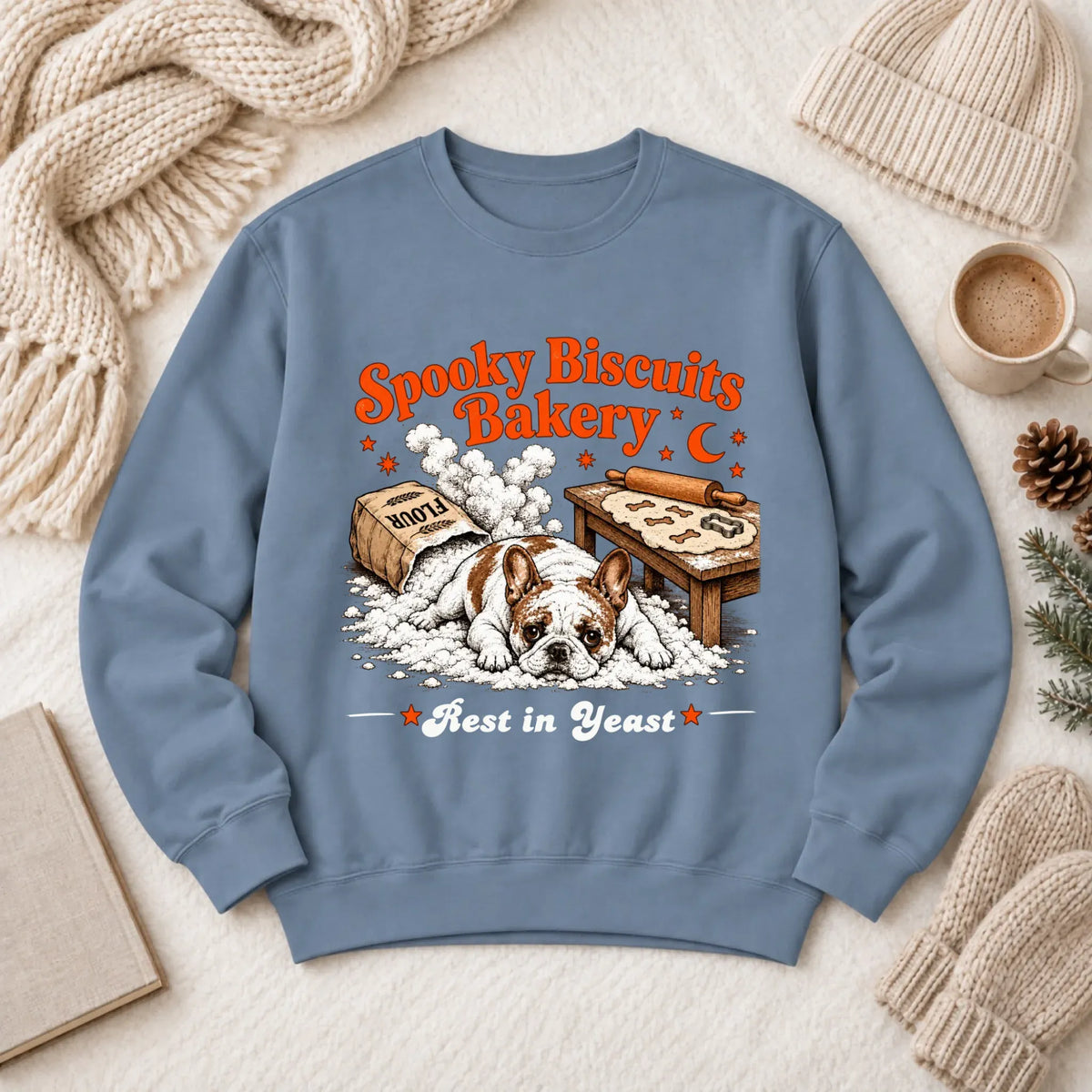 Custom Frenchie Spooky Biscuits Bakery Sweatshirt Blue Jean