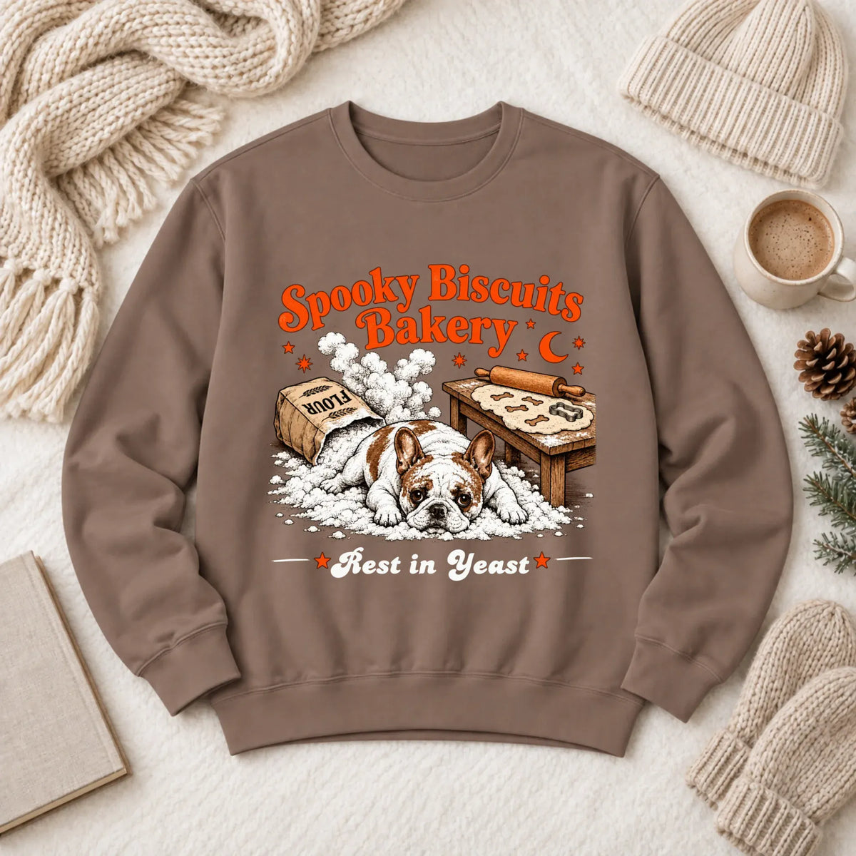 Custom Frenchie Spooky Biscuits Bakery Sweatshirt Espresso