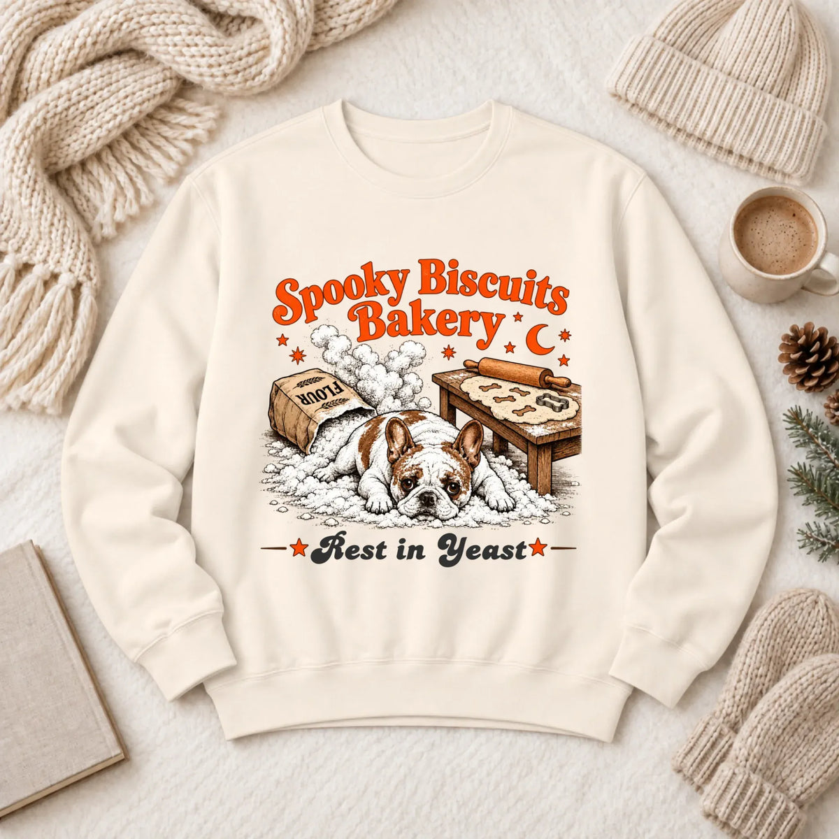 Custom Frenchie Spooky Biscuits Bakery Sweatshirt Ivory