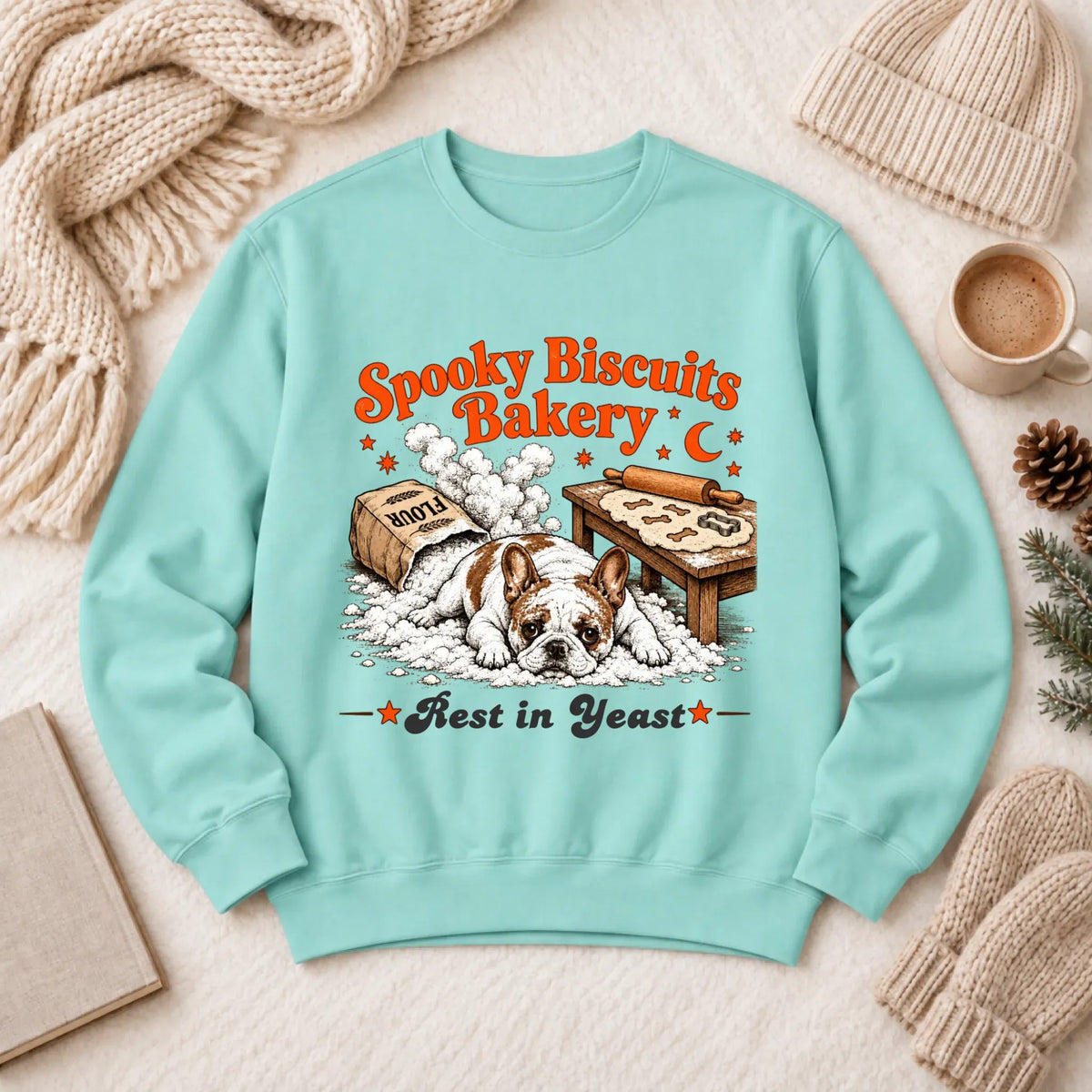 Custom Frenchie Spooky Biscuits Bakery Sweatshirt Chalky Mint