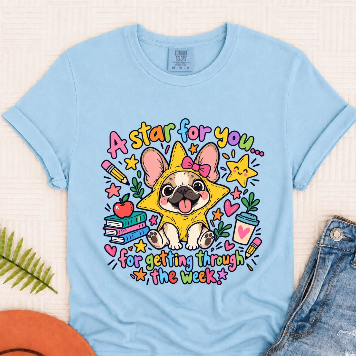 Custom Frenchie Star School Teacher Unisex Tshirt Chambray
