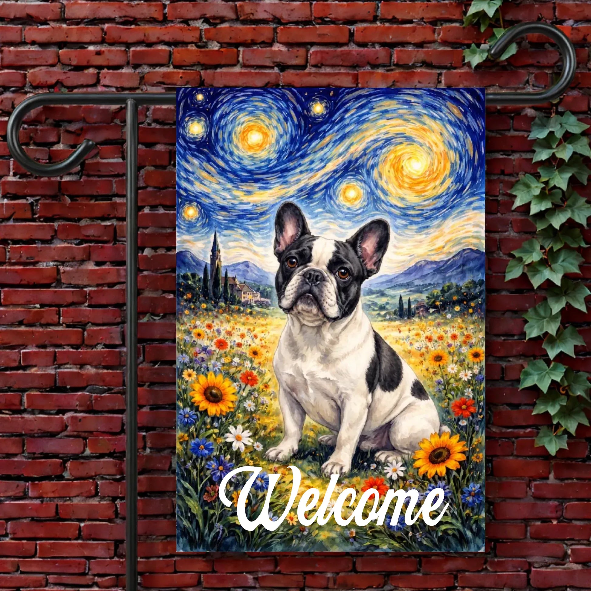 Custom Frenchie Starry Night Welcome Garden Flag 12'' × 18''
