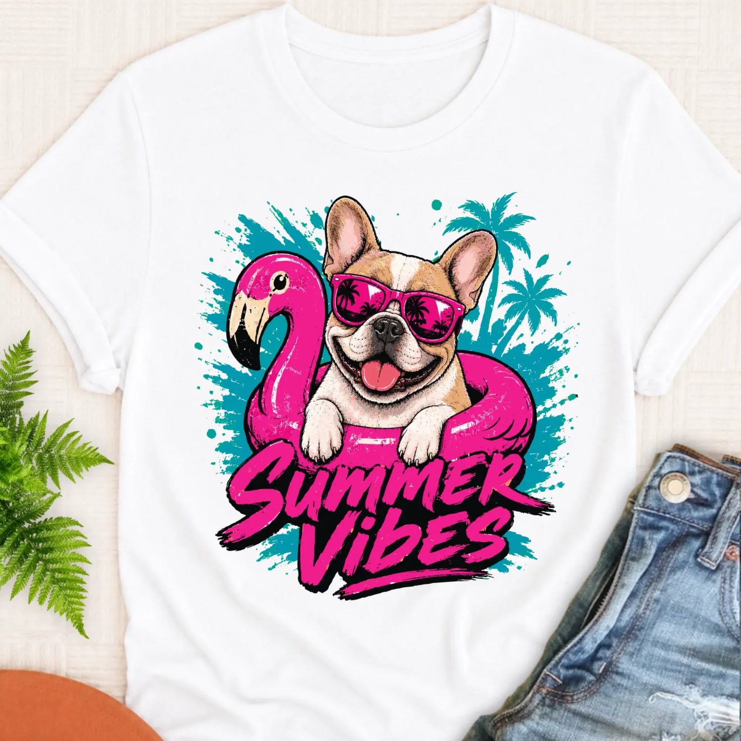 Custom Frenchie Summer Vibes Unisex Tshirt White