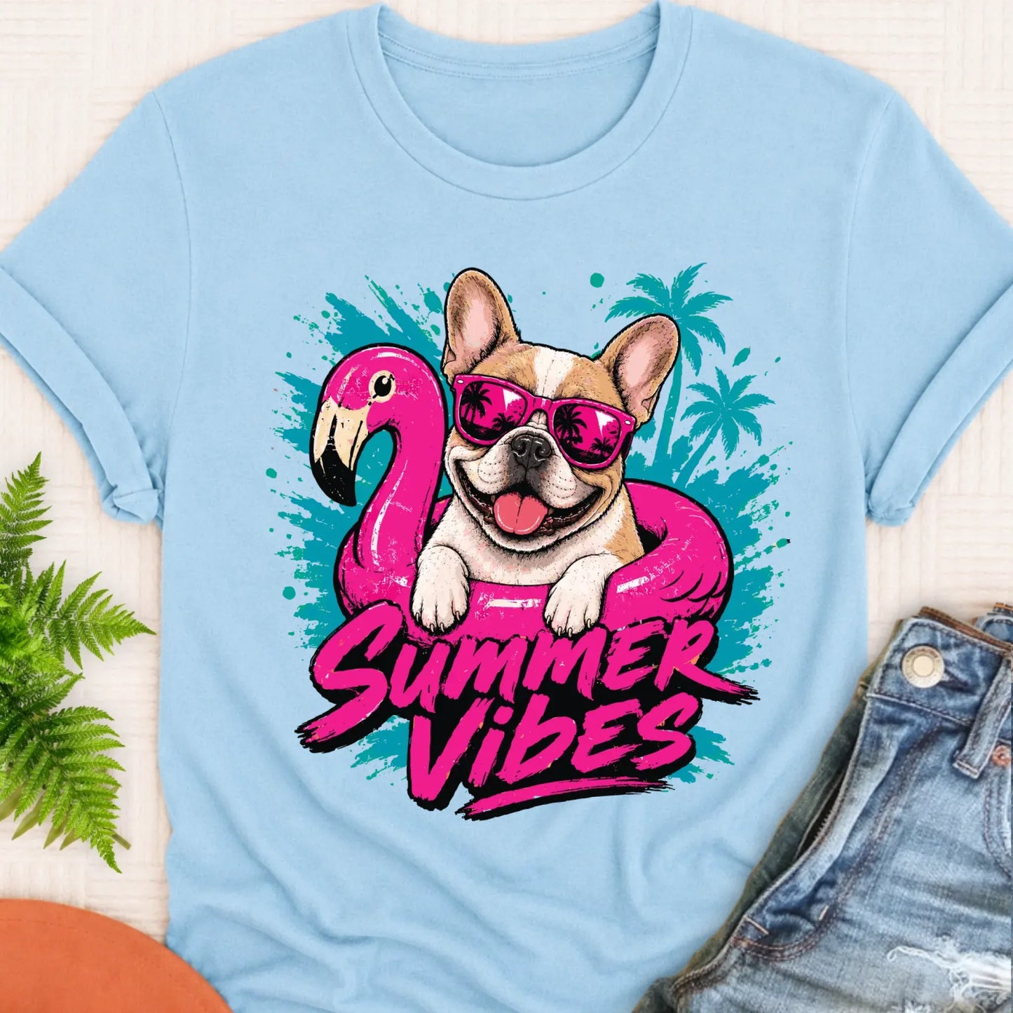 Custom Frenchie Summer Vibes Unisex Tshirt Chambray