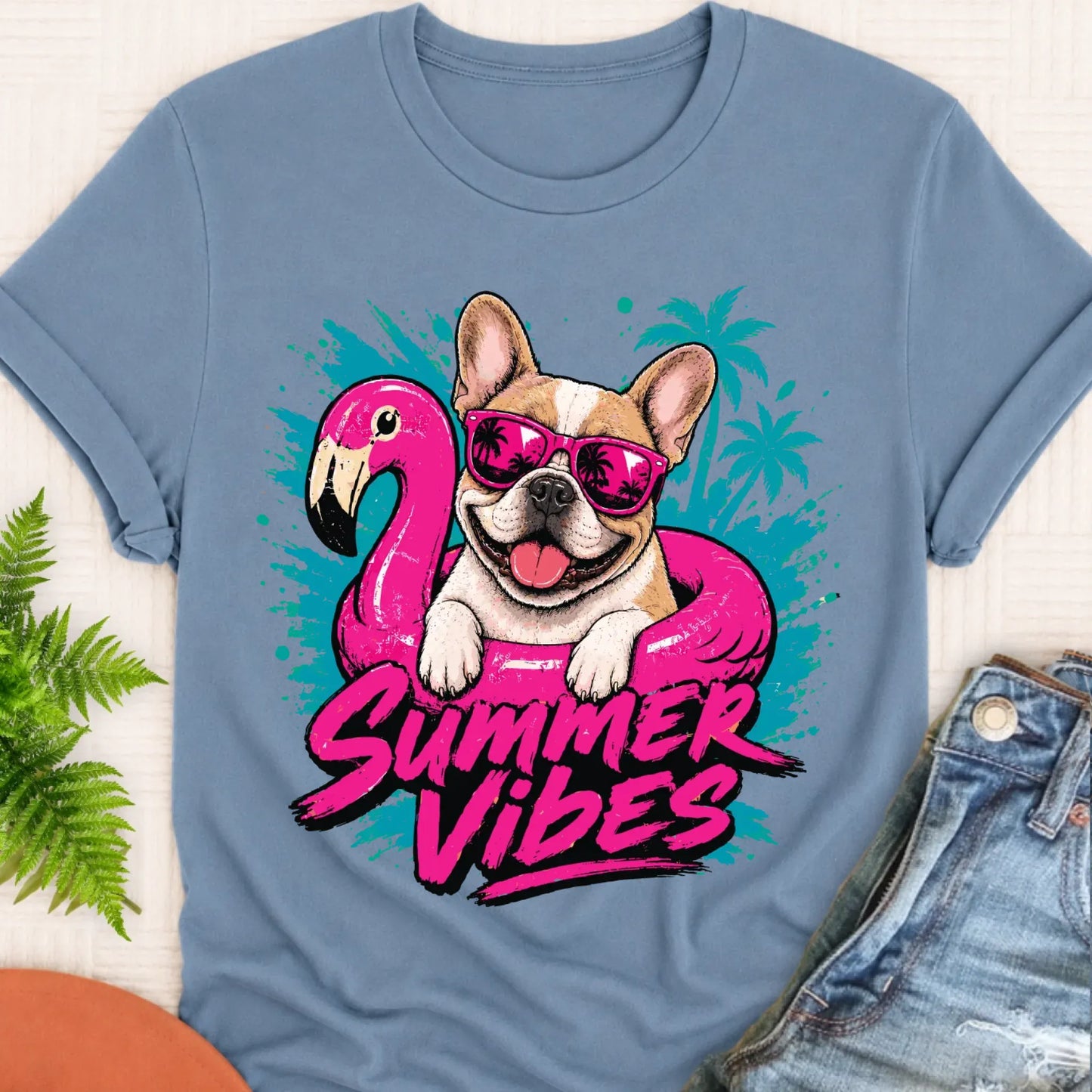 Custom Frenchie Summer Vibes Unisex Tshirt Blue Jean