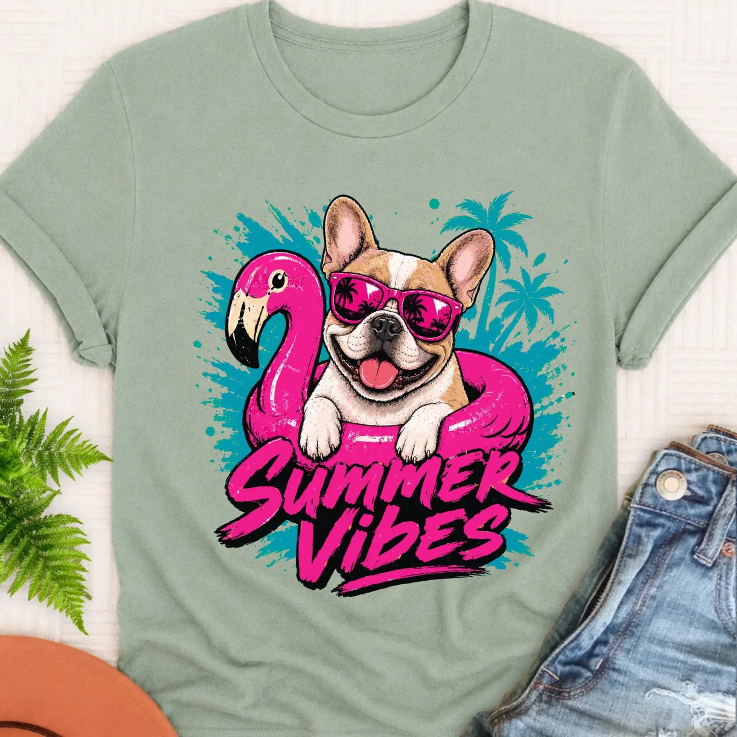 Custom Frenchie Summer Vibes Unisex Tshirt Bay