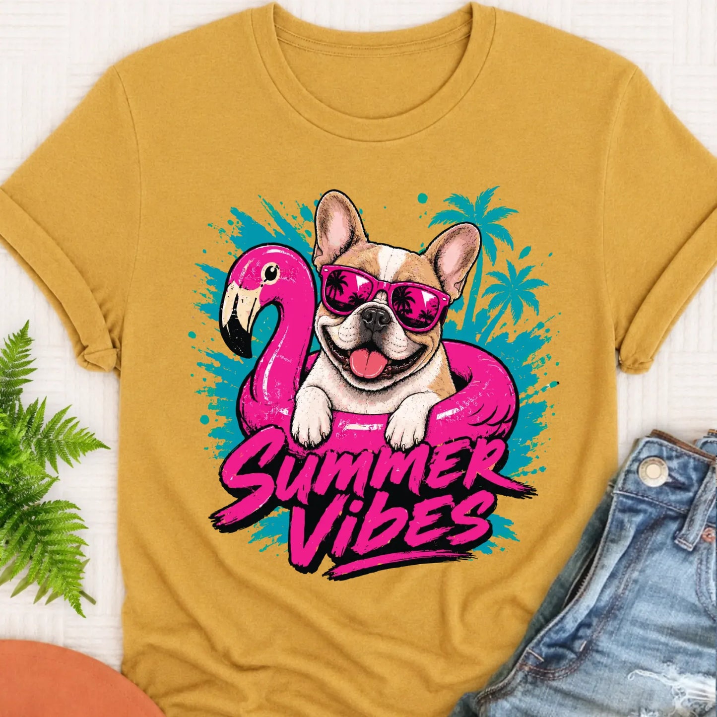 Custom Frenchie Summer Vibes Unisex Tshirt Mustard