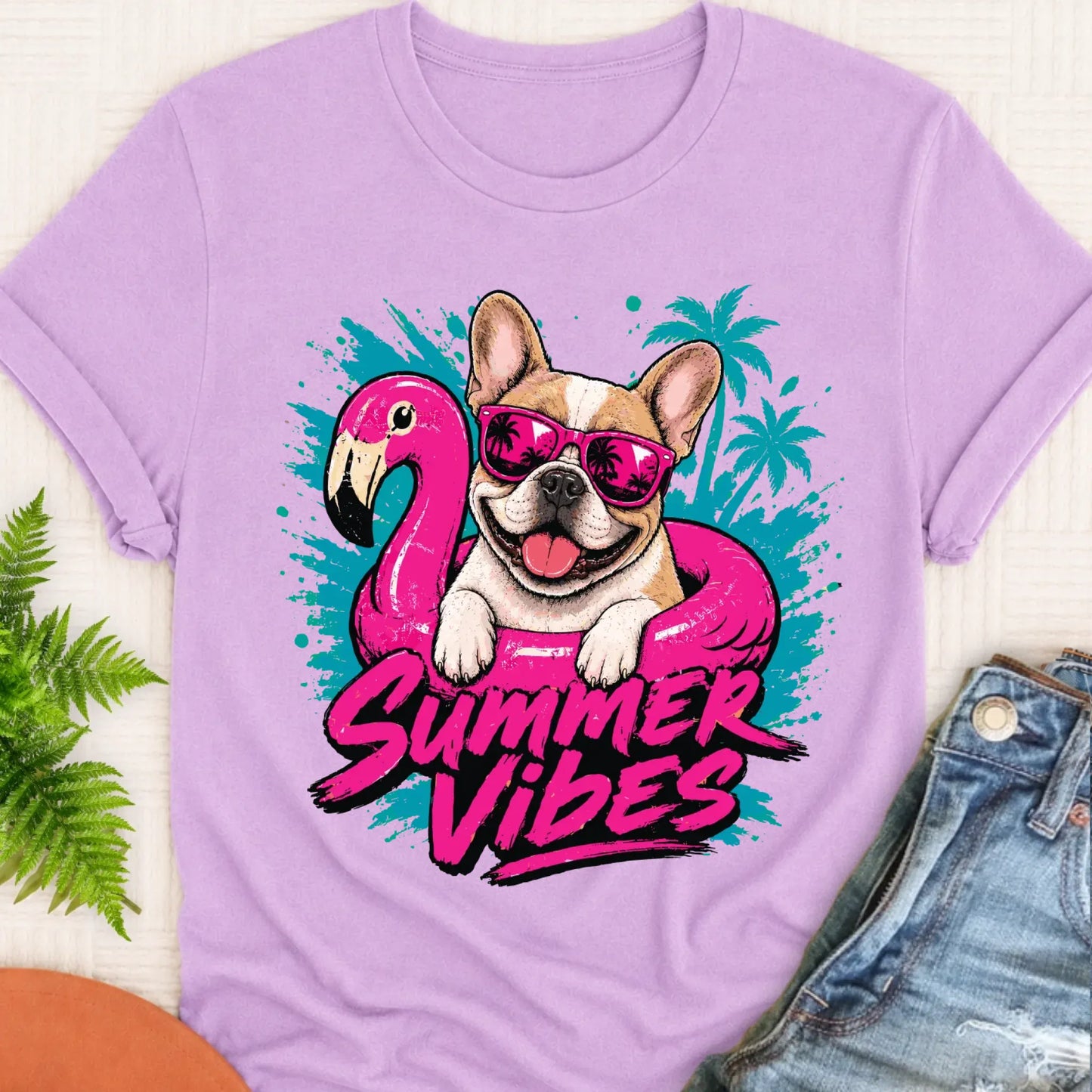 Custom Frenchie Summer Vibes Unisex Tshirt Orchid