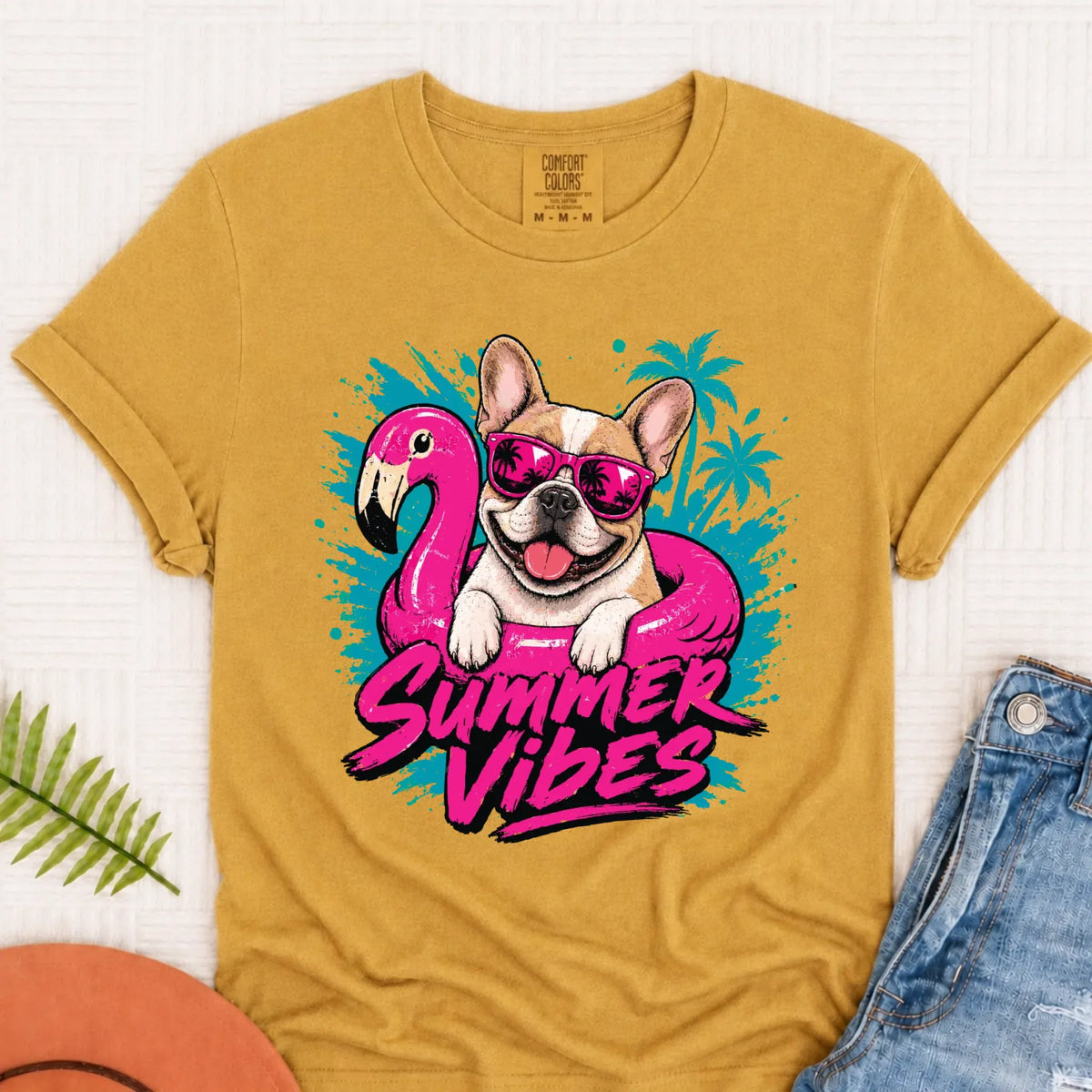 Custom Frenchie Summer Vibes Unisex Tshirt Mustard