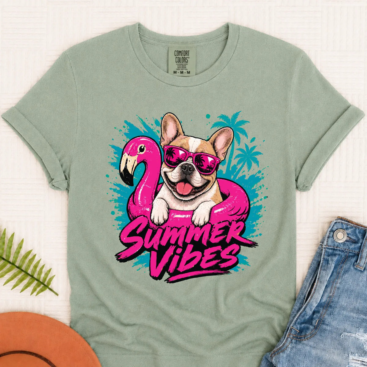 Custom Frenchie Summer Vibes Unisex Tshirt Bay