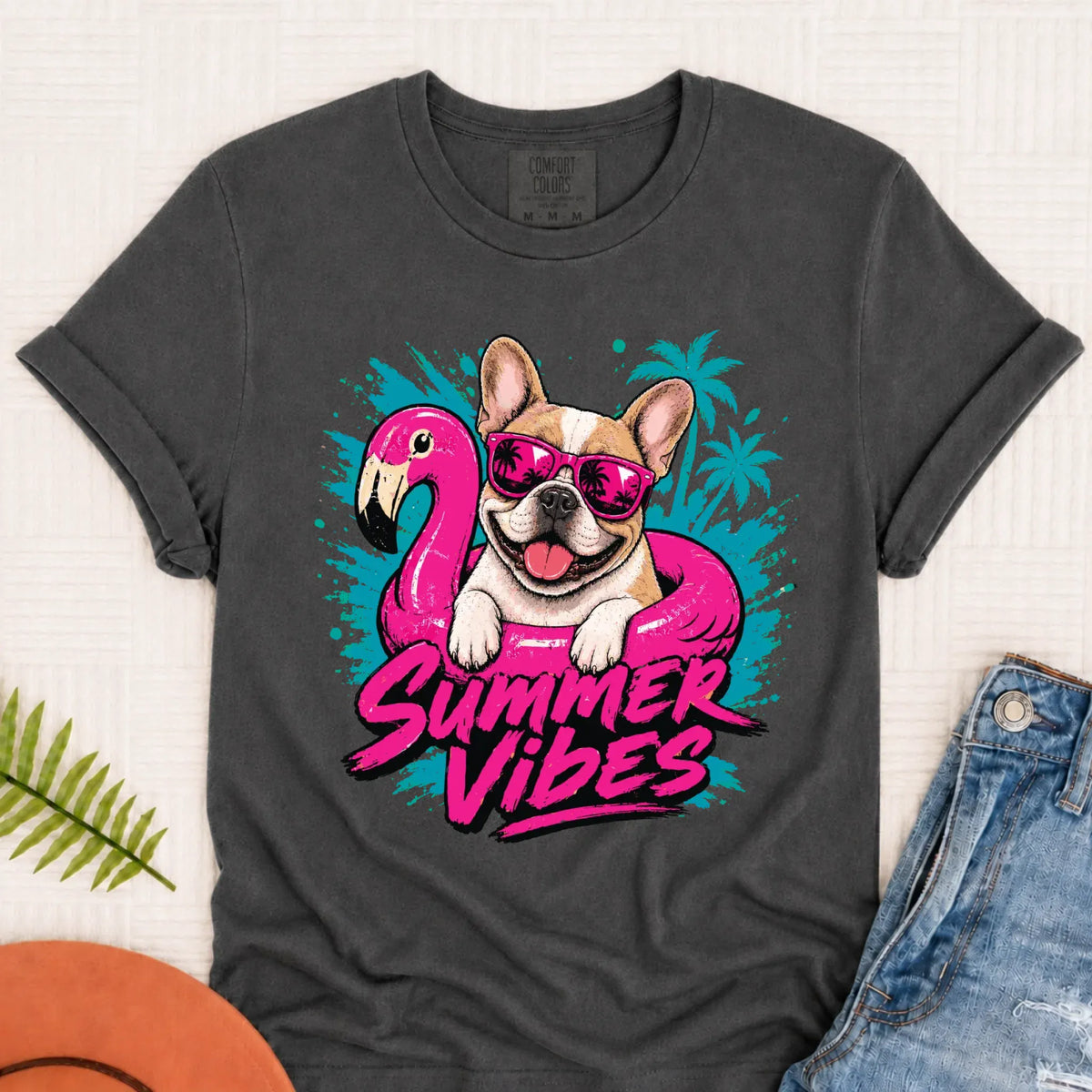 Custom Frenchie Summer Vibes Unisex Tshirt Pepper