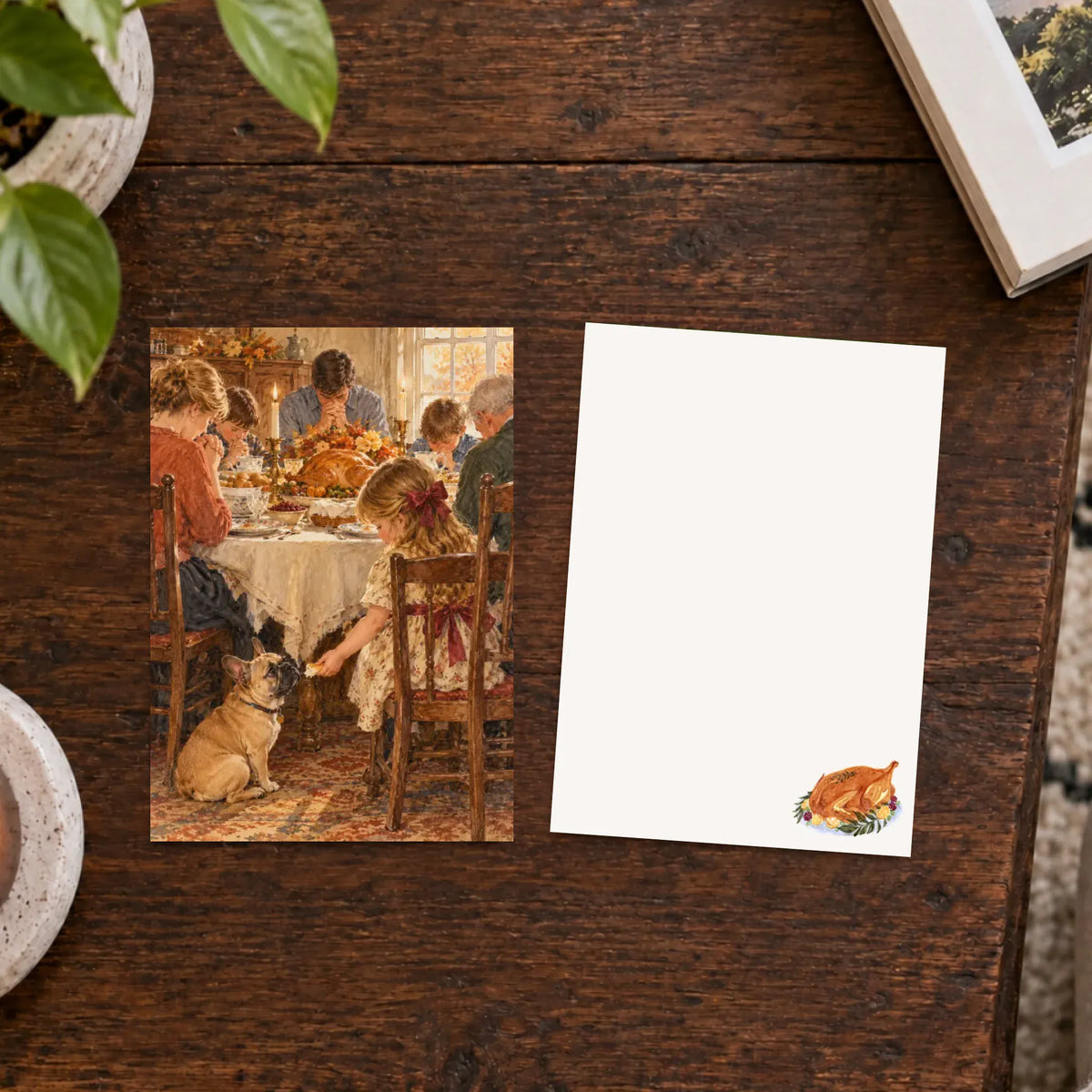 Customizer Flat Greeting Cards (envelopes included) / Default / 5" x 7" (square corner) / Eggshell / 1 pc Custom Frenchie Thanksgiving Prayer Greeting Card Art