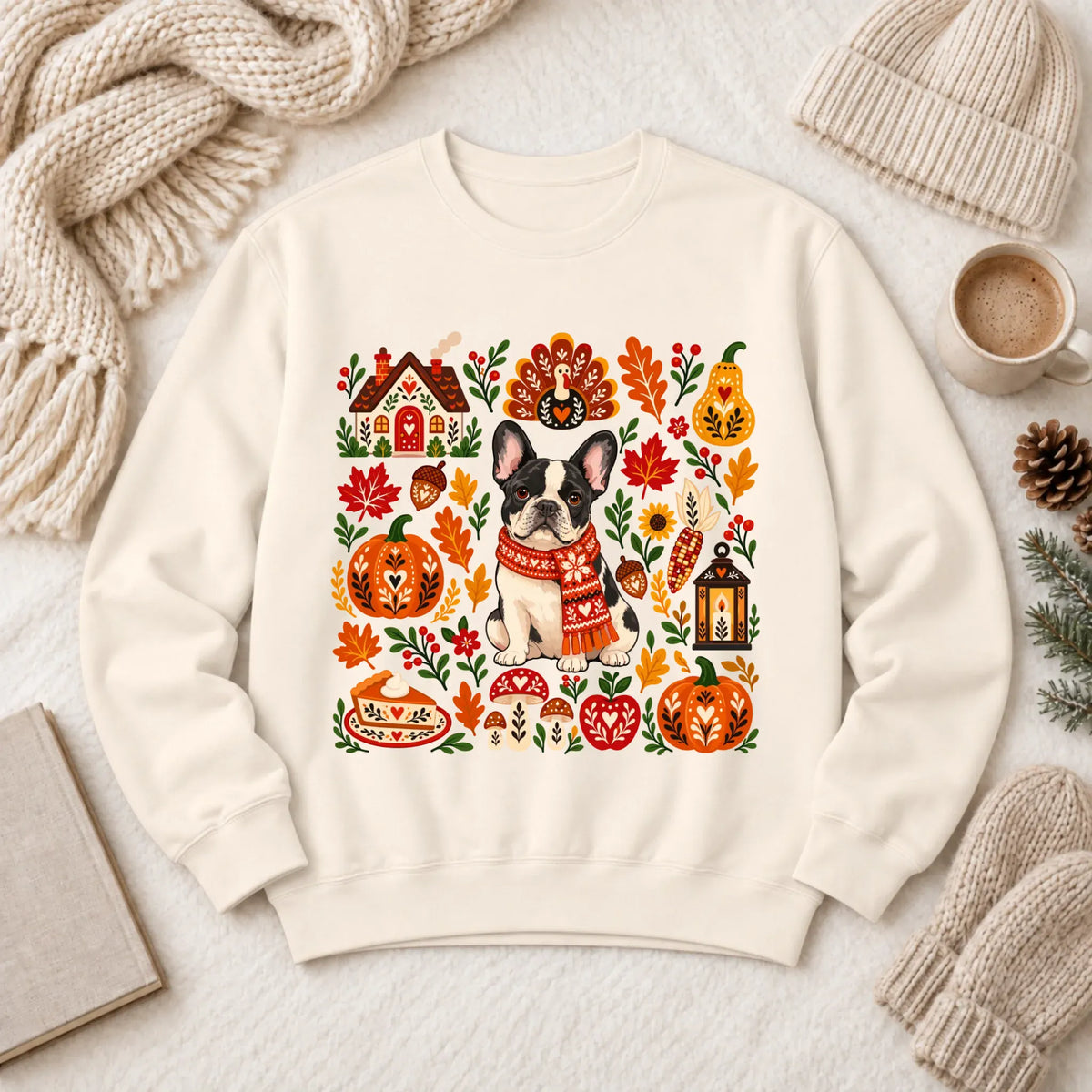Custom Frenchie Thanksgiving Scandinavian Unisex Sweatshirt Ivory