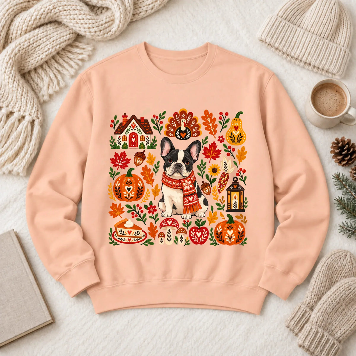 Custom Frenchie Thanksgiving Scandinavian Unisex Sweatshirt Peachy
