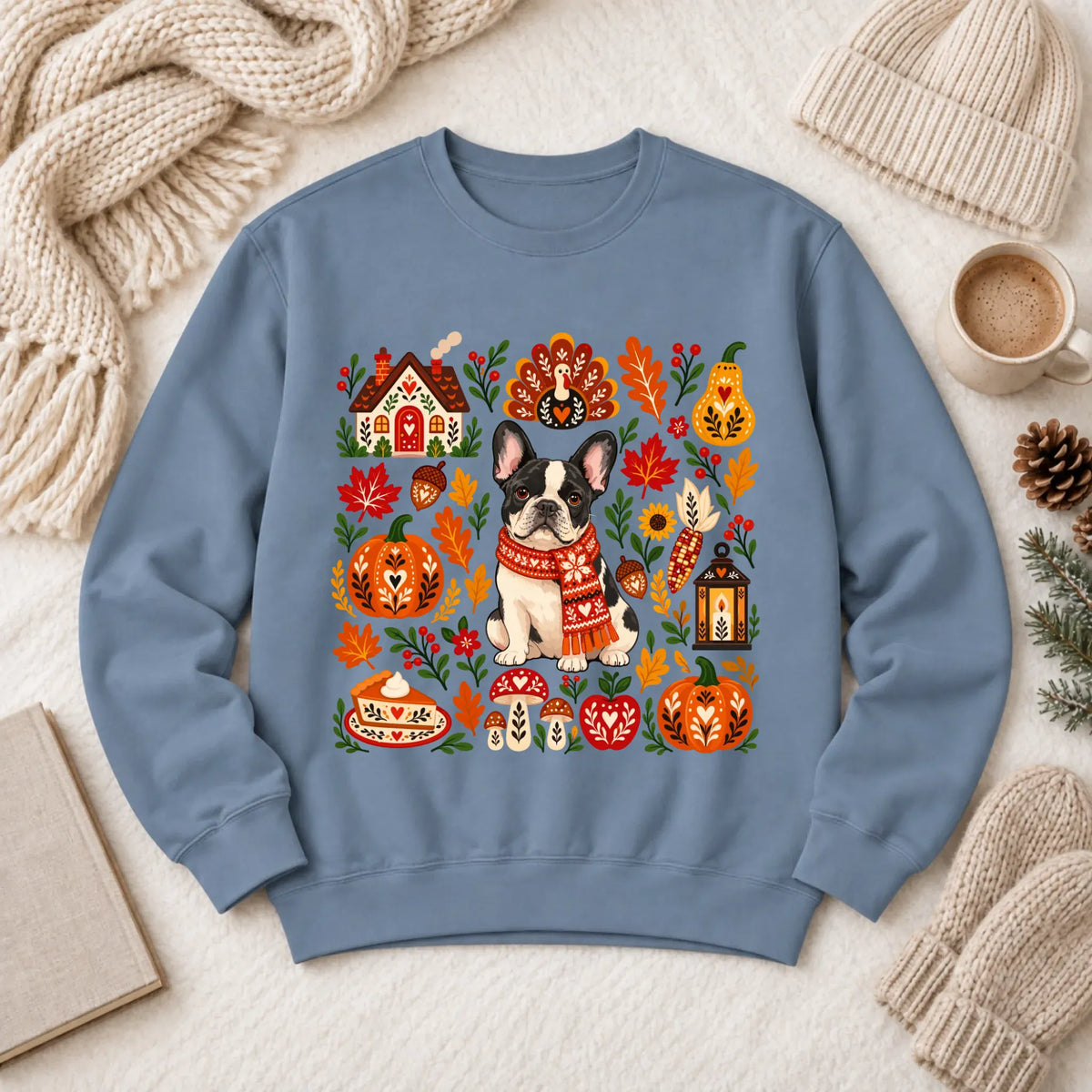 Custom Frenchie Thanksgiving Scandinavian Unisex Sweatshirt Blue Jean