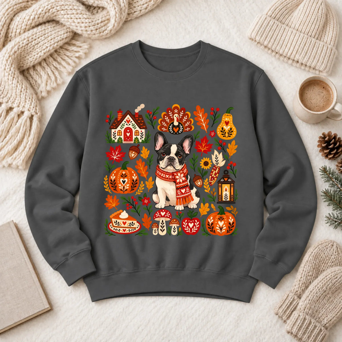 Custom Frenchie Thanksgiving Scandinavian Unisex Sweatshirt Pepper