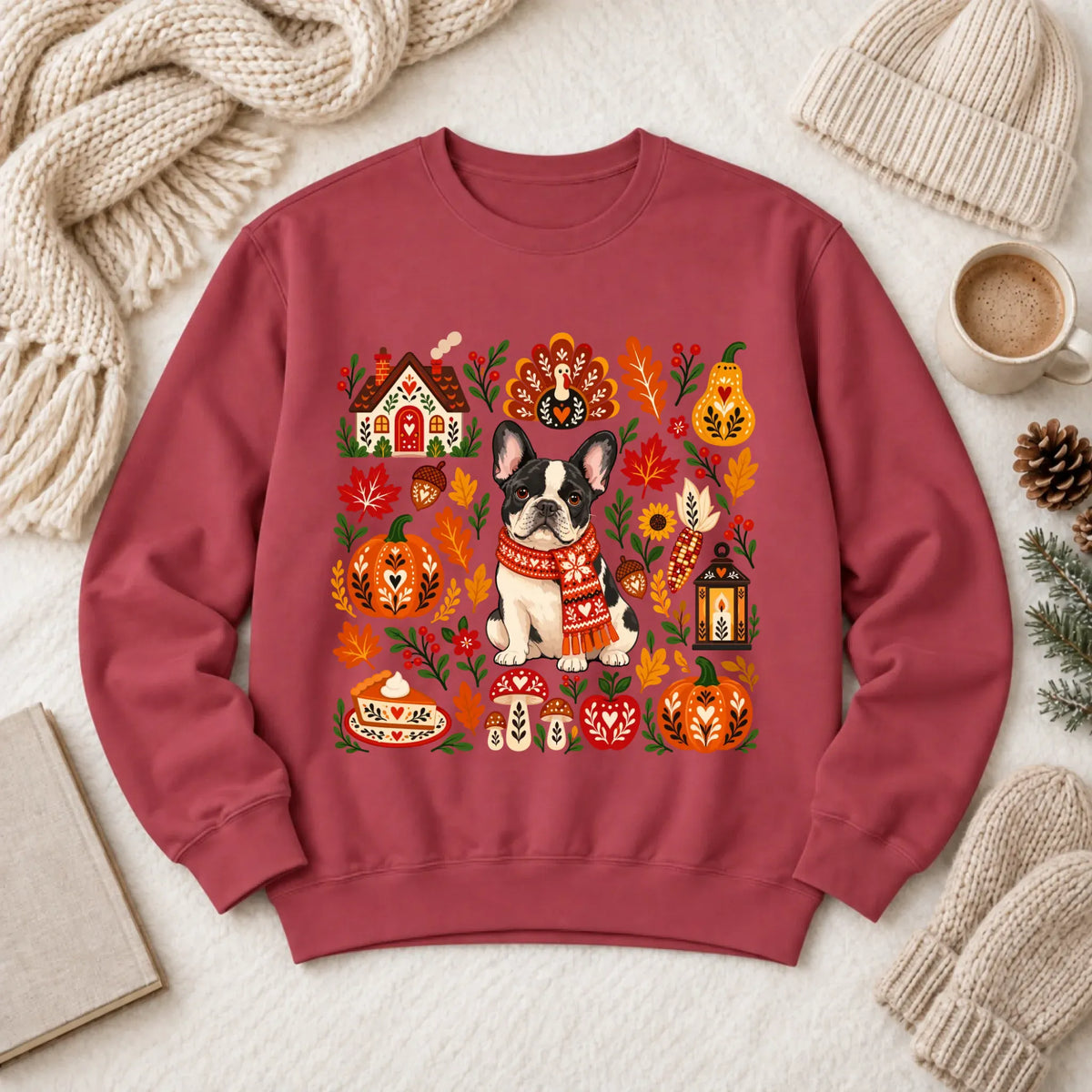 Custom Frenchie Thanksgiving Scandinavian Unisex Sweatshirt Crimson
