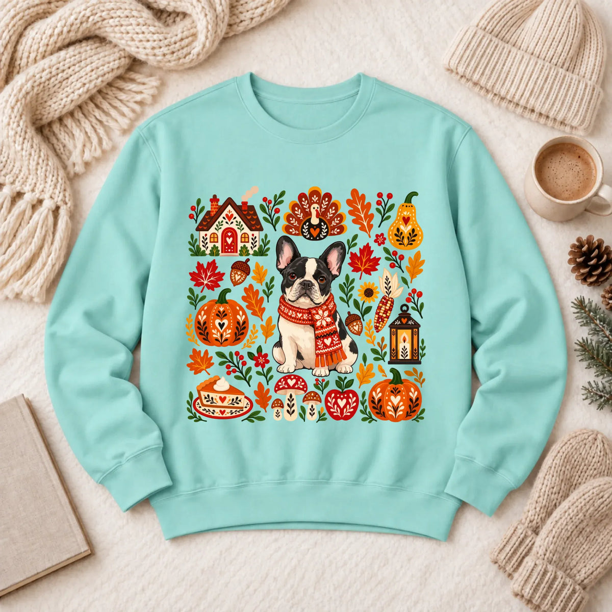 Custom Frenchie Thanksgiving Scandinavian Unisex Sweatshirt Chalky Mint