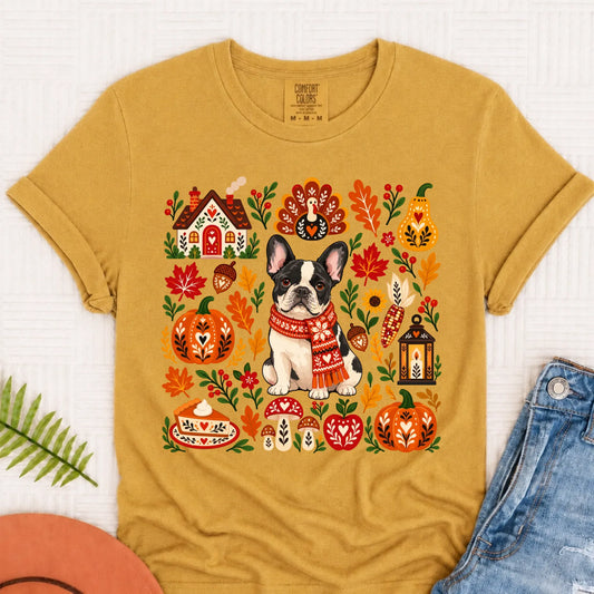 Custom Frenchie Thanksgiving Scandinavian Unisex TShirt Mustard