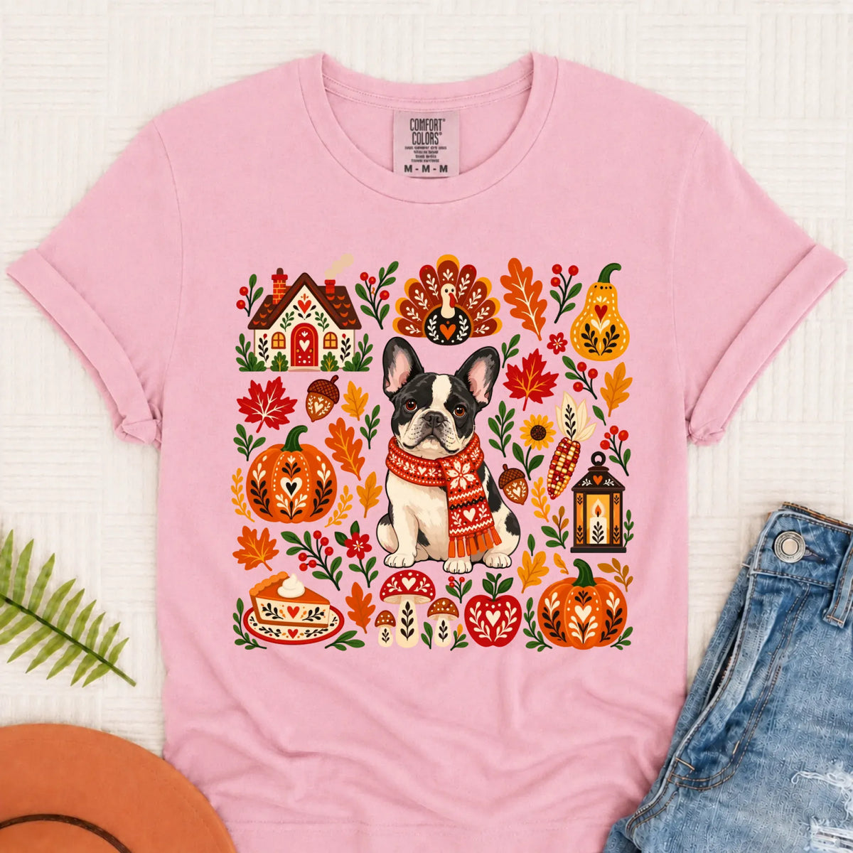 Custom Frenchie Thanksgiving Scandinavian Unisex TShirt Blossom