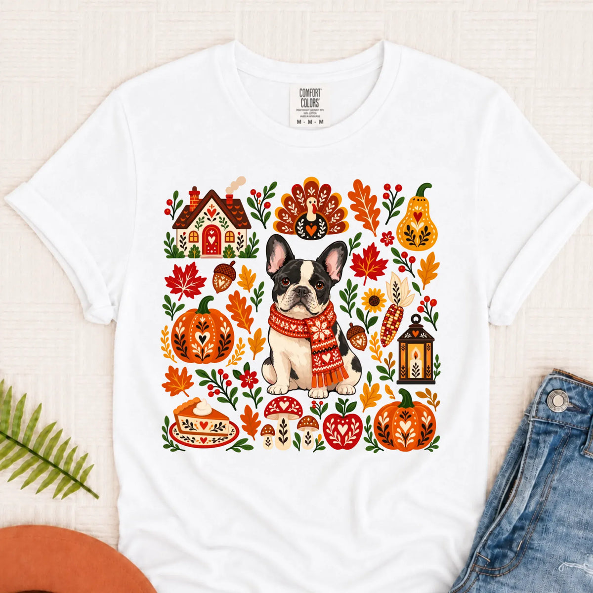 Custom Frenchie Thanksgiving Scandinavian Unisex TShirt White