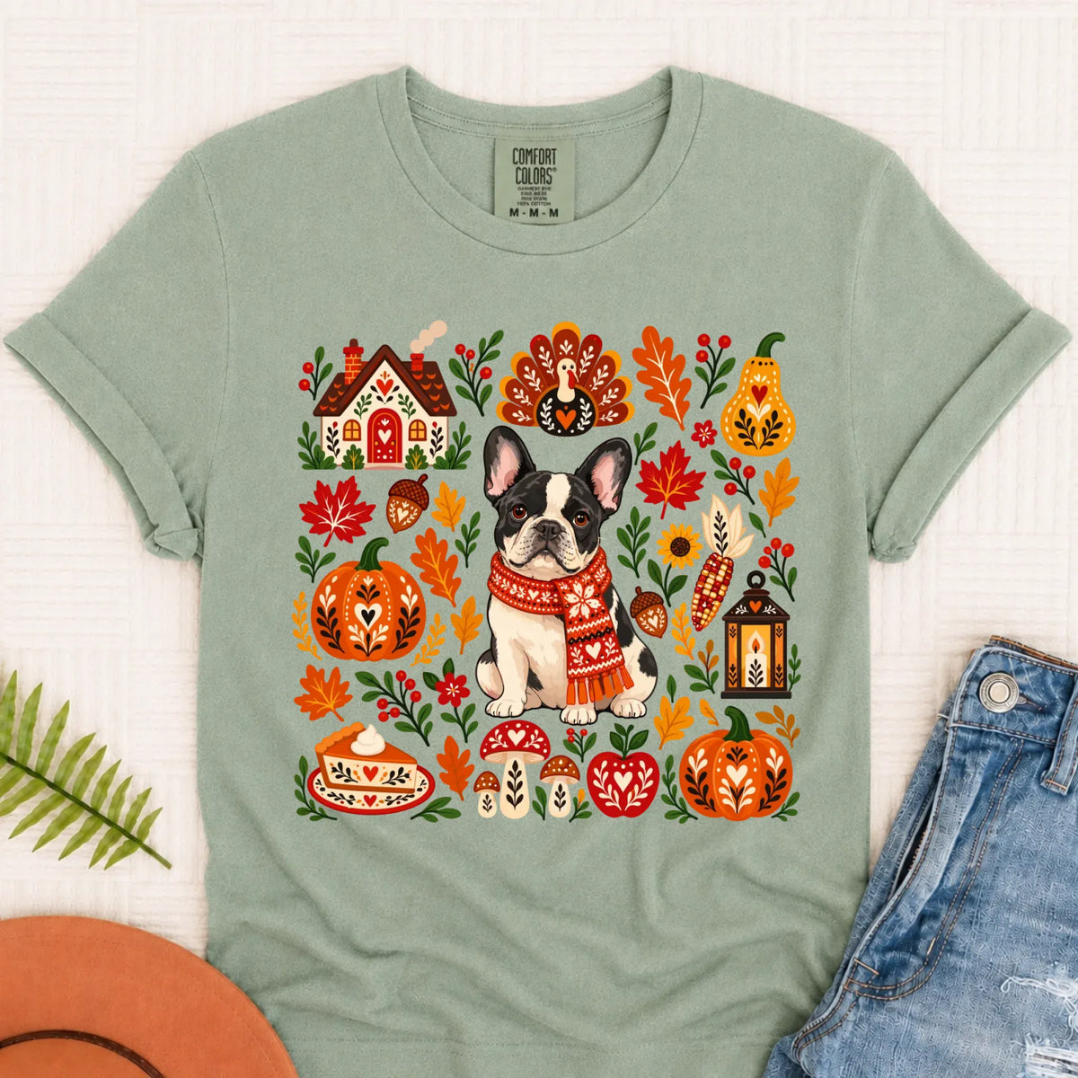 Custom Frenchie Thanksgiving Scandinavian Unisex TShirt Bay