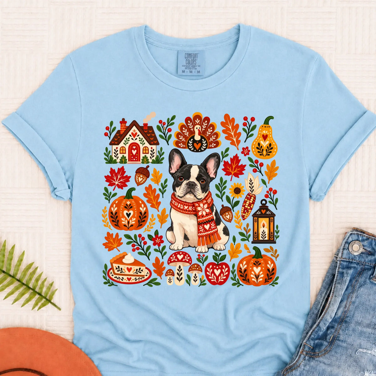 Custom Frenchie Thanksgiving Scandinavian Unisex TShirt Chambray
