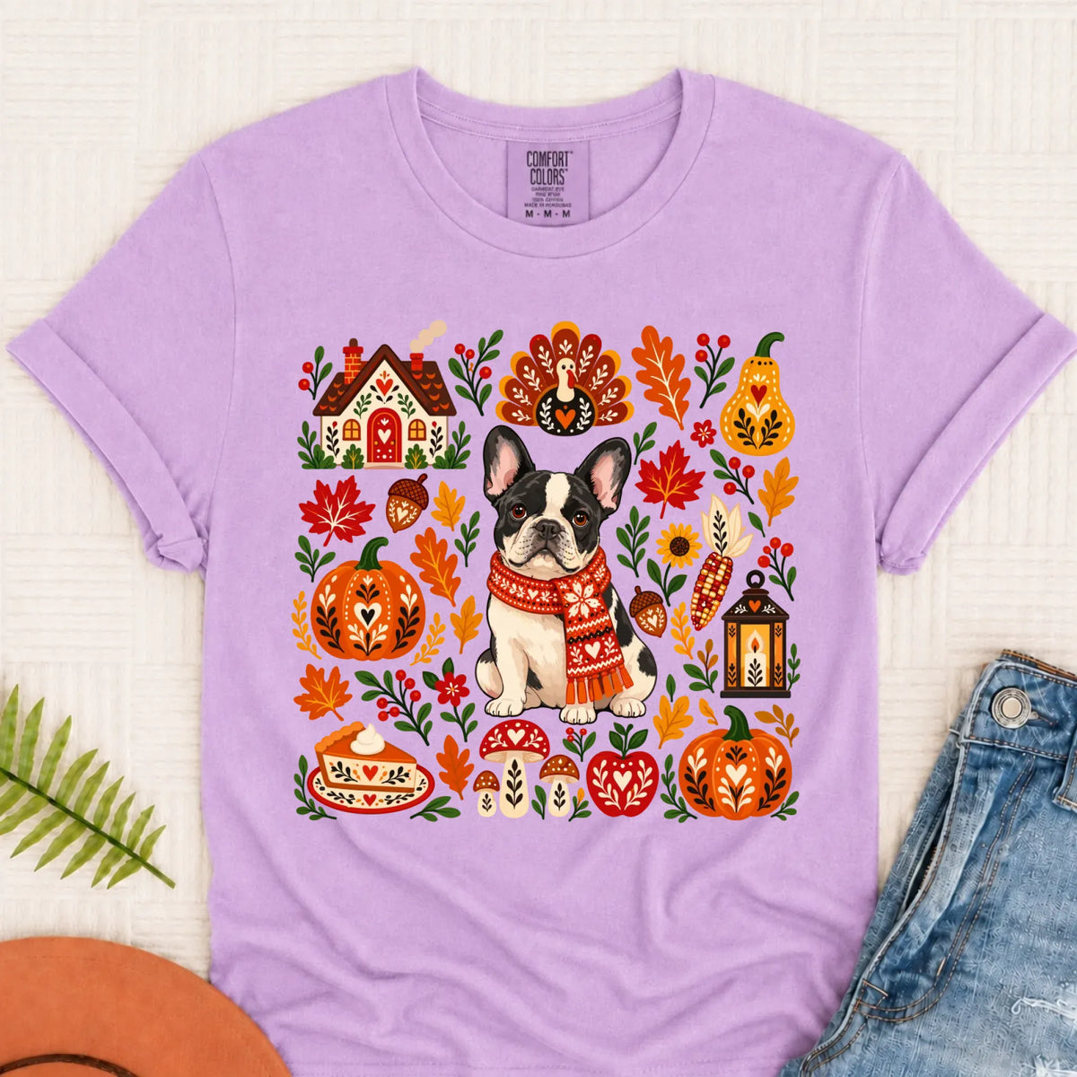 Custom Frenchie Thanksgiving Scandinavian Unisex TShirt Orchid