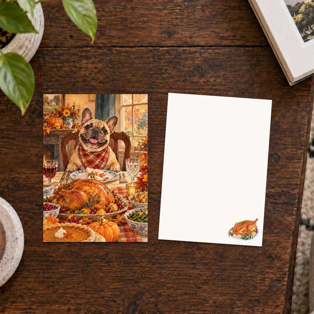 Customizer Flat Greeting Cards (envelopes included) / Default / 5" x 7" (square corner) / Eggshell / 1 pc Custom Frenchie Thanksgiving Turkey Greeting Card