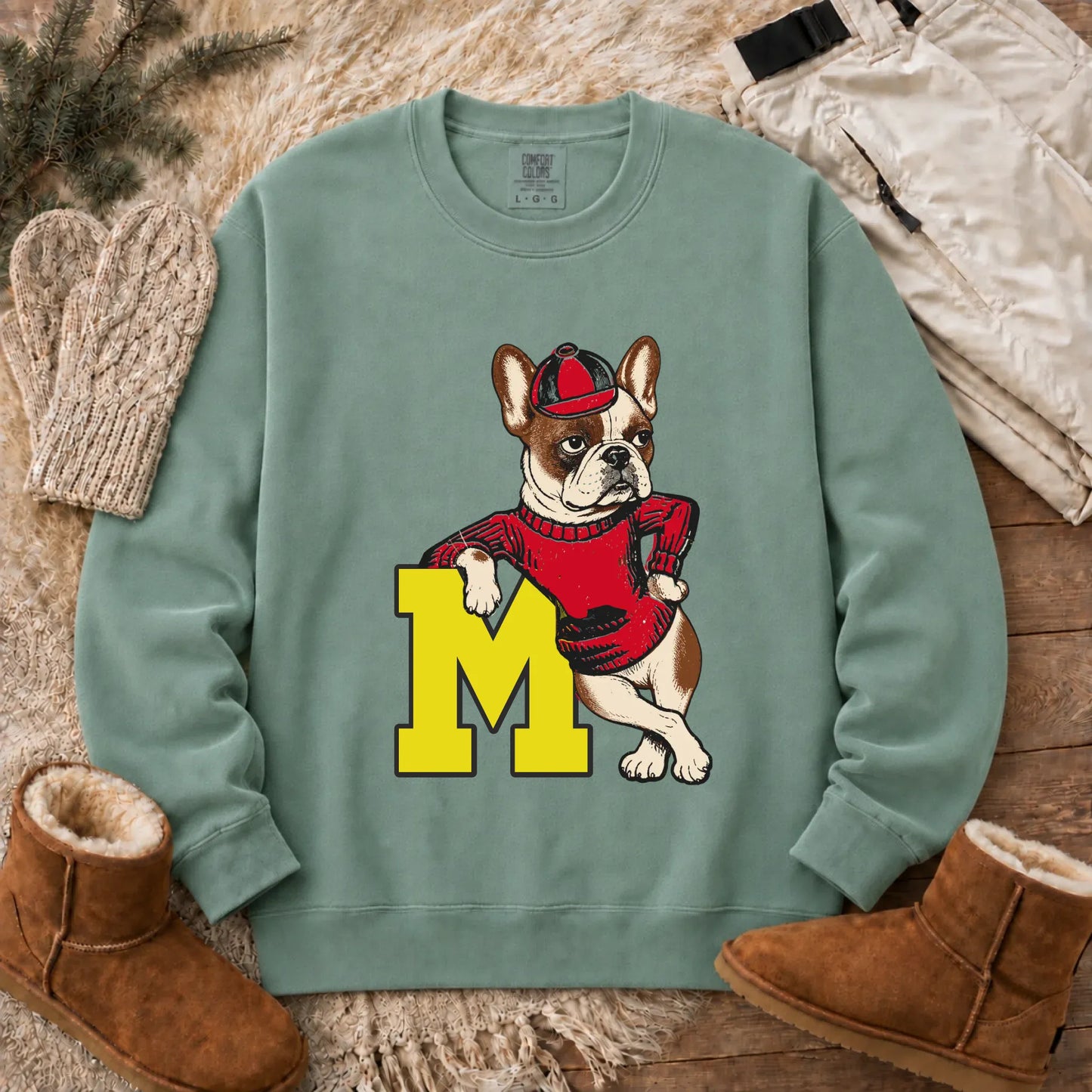 Custom Frenchie Vintage School Mascot Unisex Sweatshirt Light Green